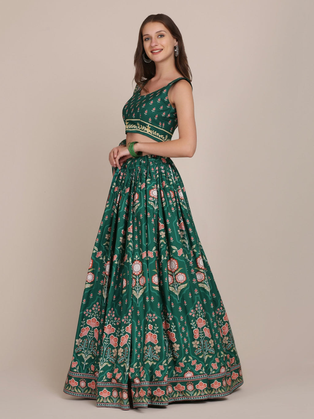 Women's Bottle Green Crepe Floral Printed Lehenga Choli Set
