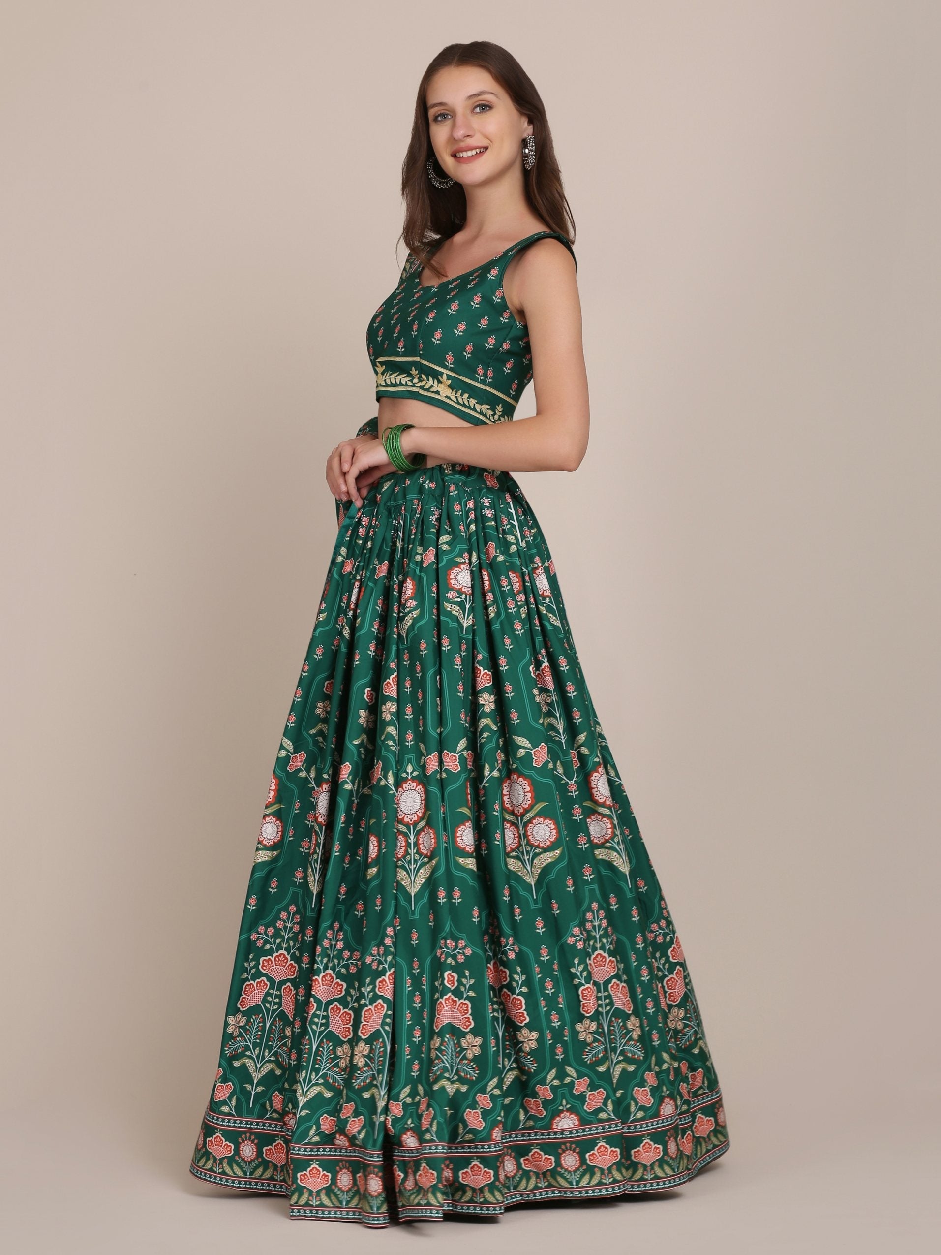 Women's Bottle Green Crepe Floral Printed Lehenga Choli Set