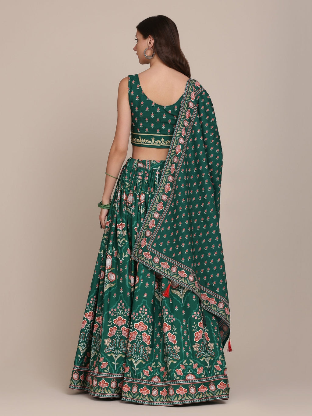Women's Bottle Green Crepe Floral Printed Lehenga Choli Set