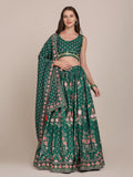 Bottle green floral print crepe lehenga choli with dupatta