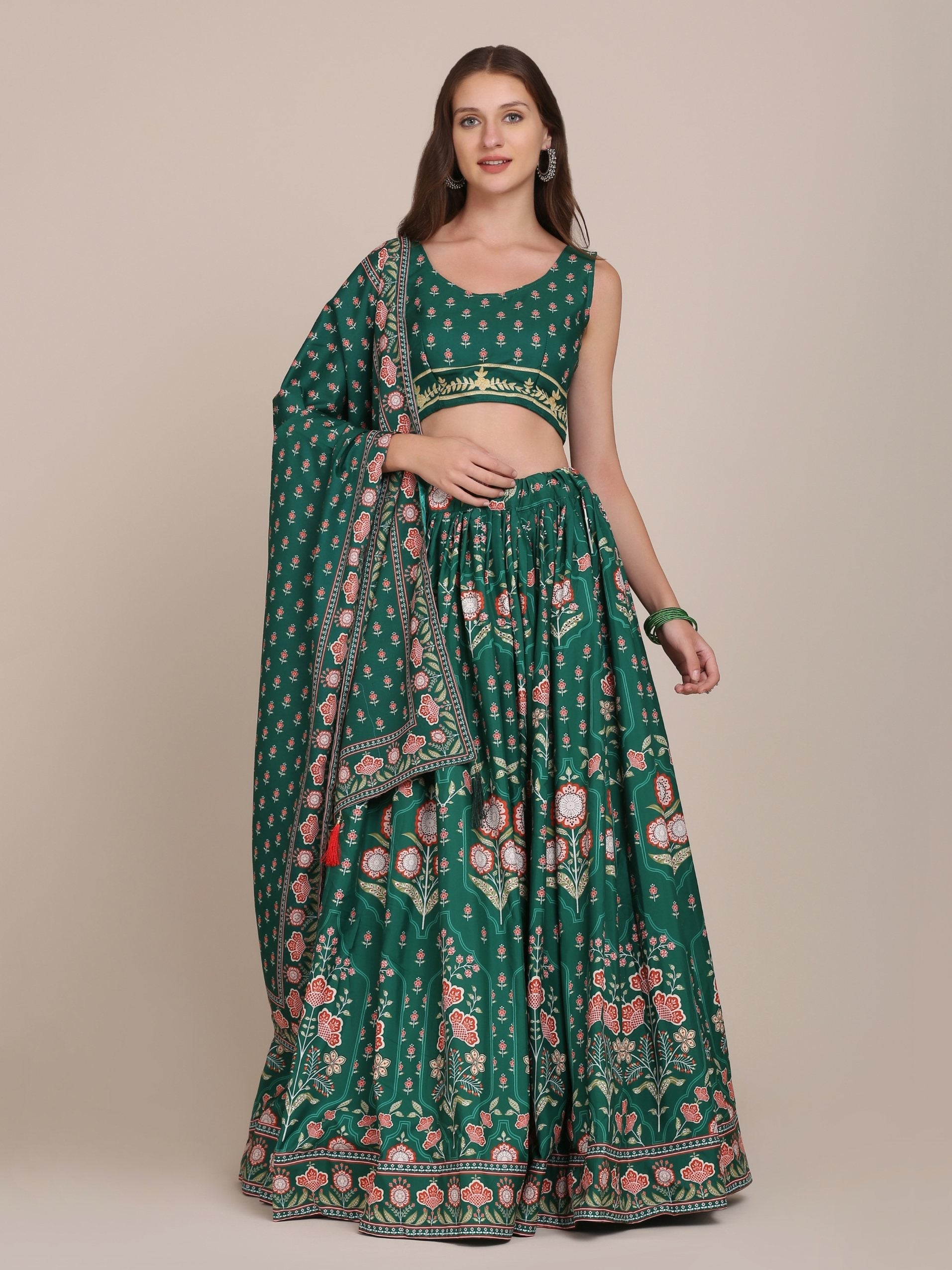 Bottle green floral print crepe lehenga choli with dupatta