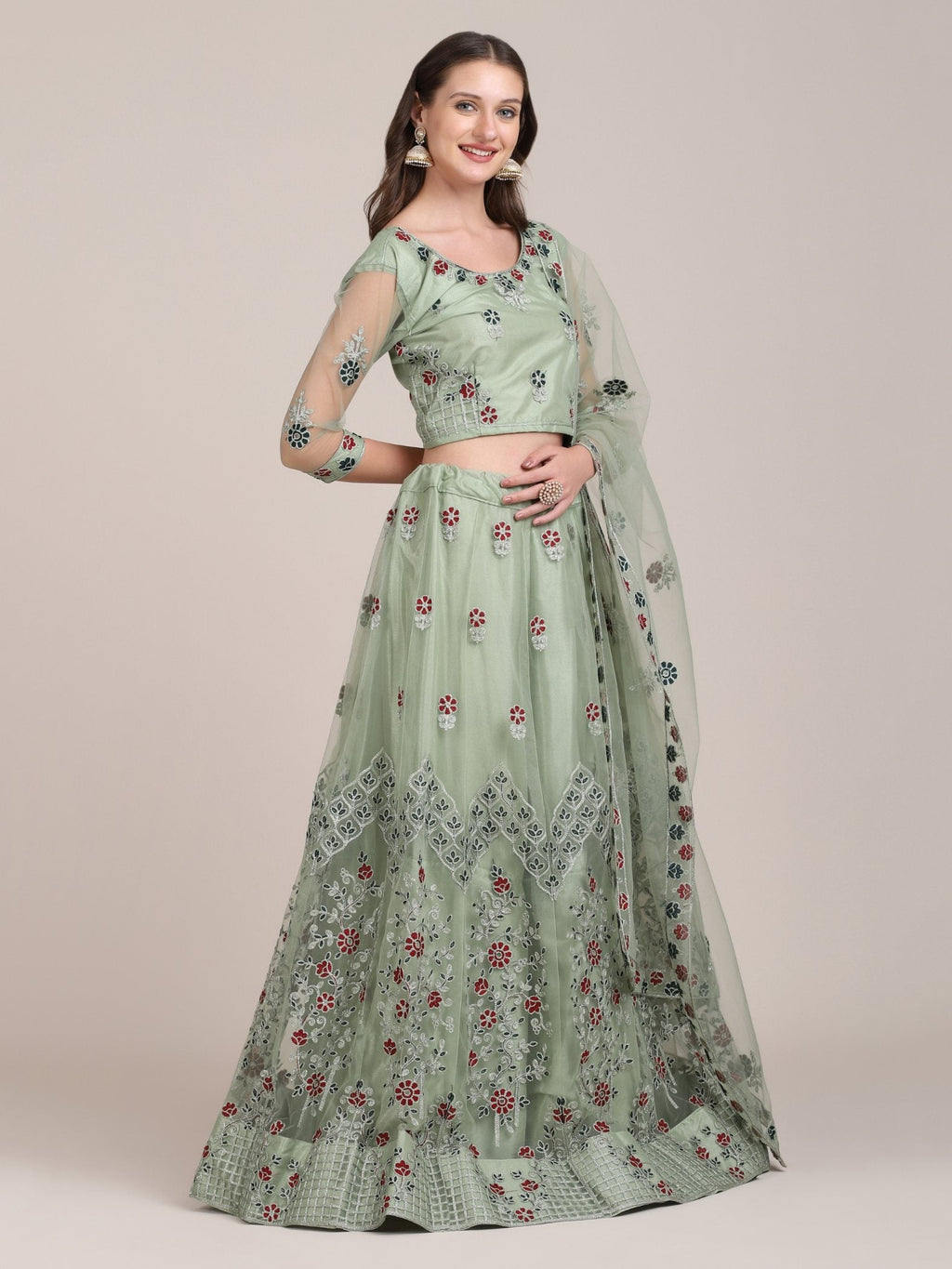 Sea Green Net Thread Embroidered Lehenga Choli with Dupatta