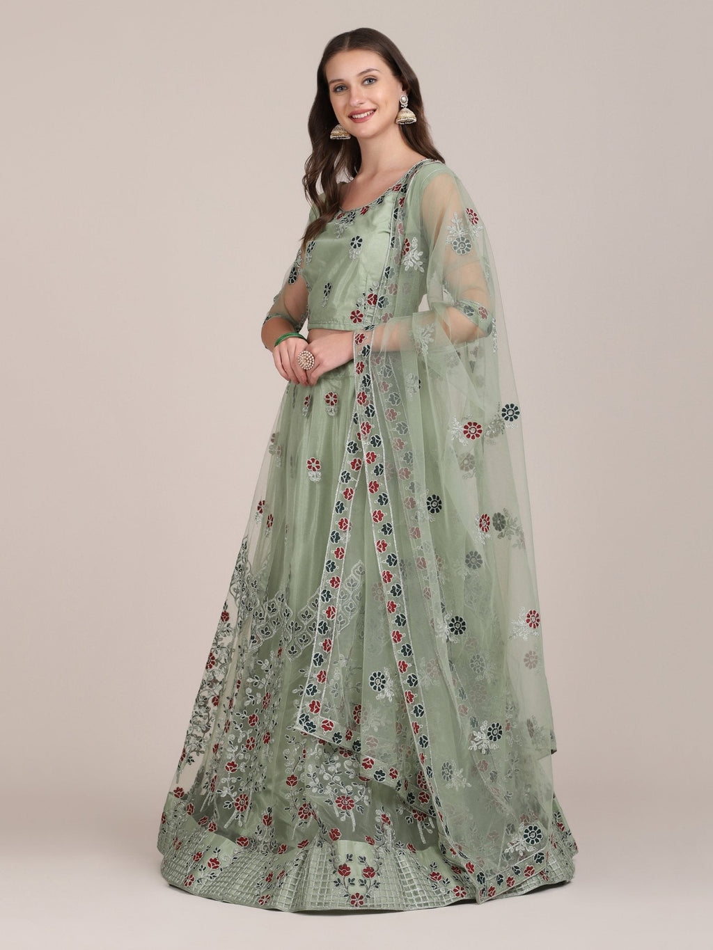 Sea Green Net Thread Embroidered Lehenga Choli with Dupatta