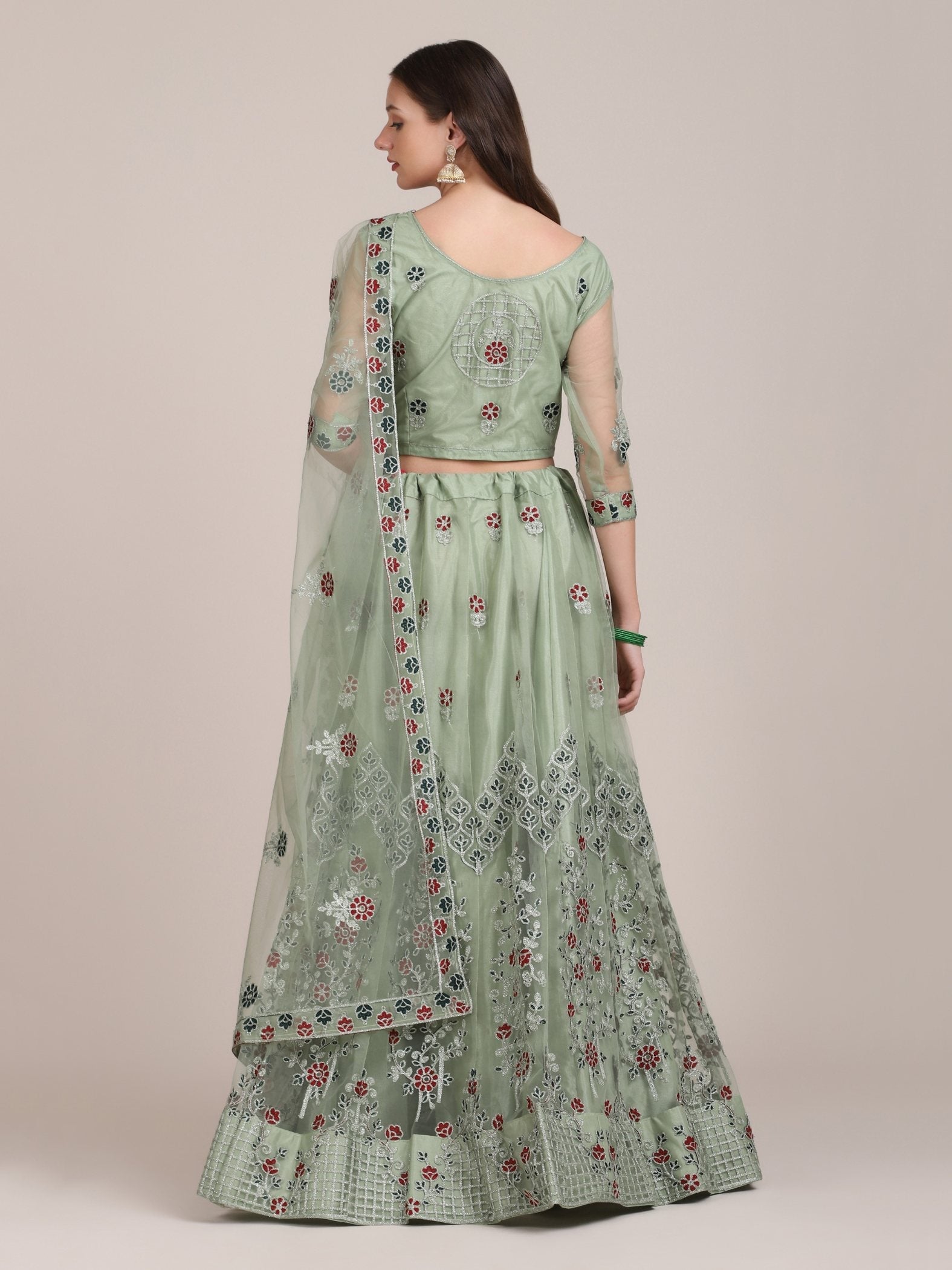 Sea Green Net Thread Embroidered Lehenga Choli with Dupatta