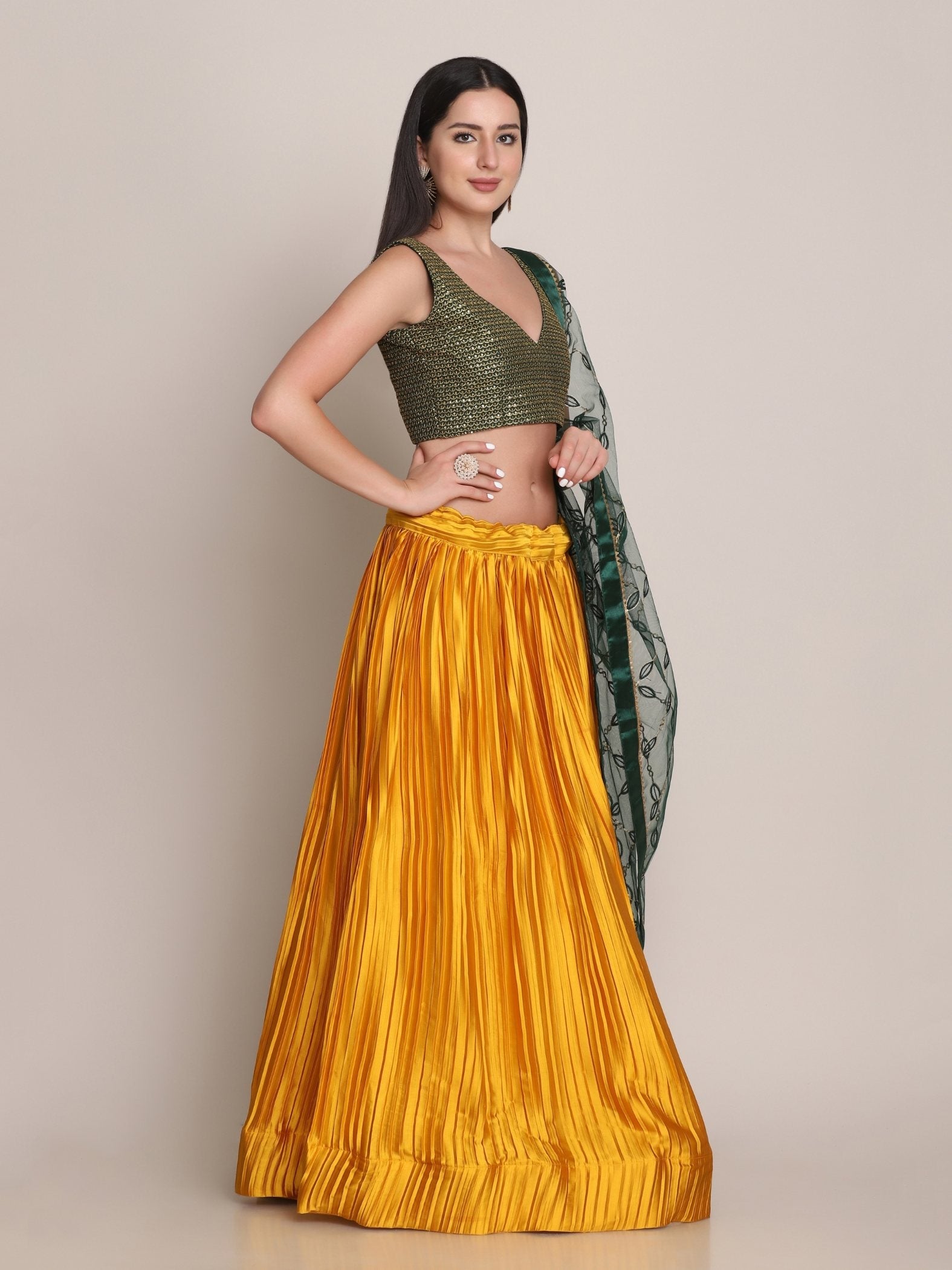 Women's Yellow Satin Silk Lehenga Choli with Platted Work
