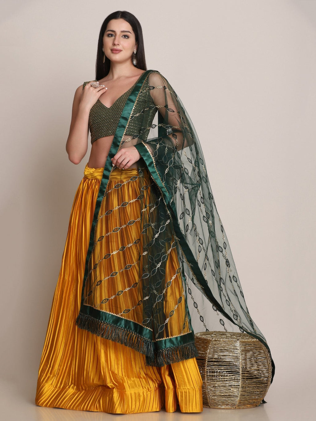 Women's Yellow Satin Silk Lehenga Choli with Platted Work