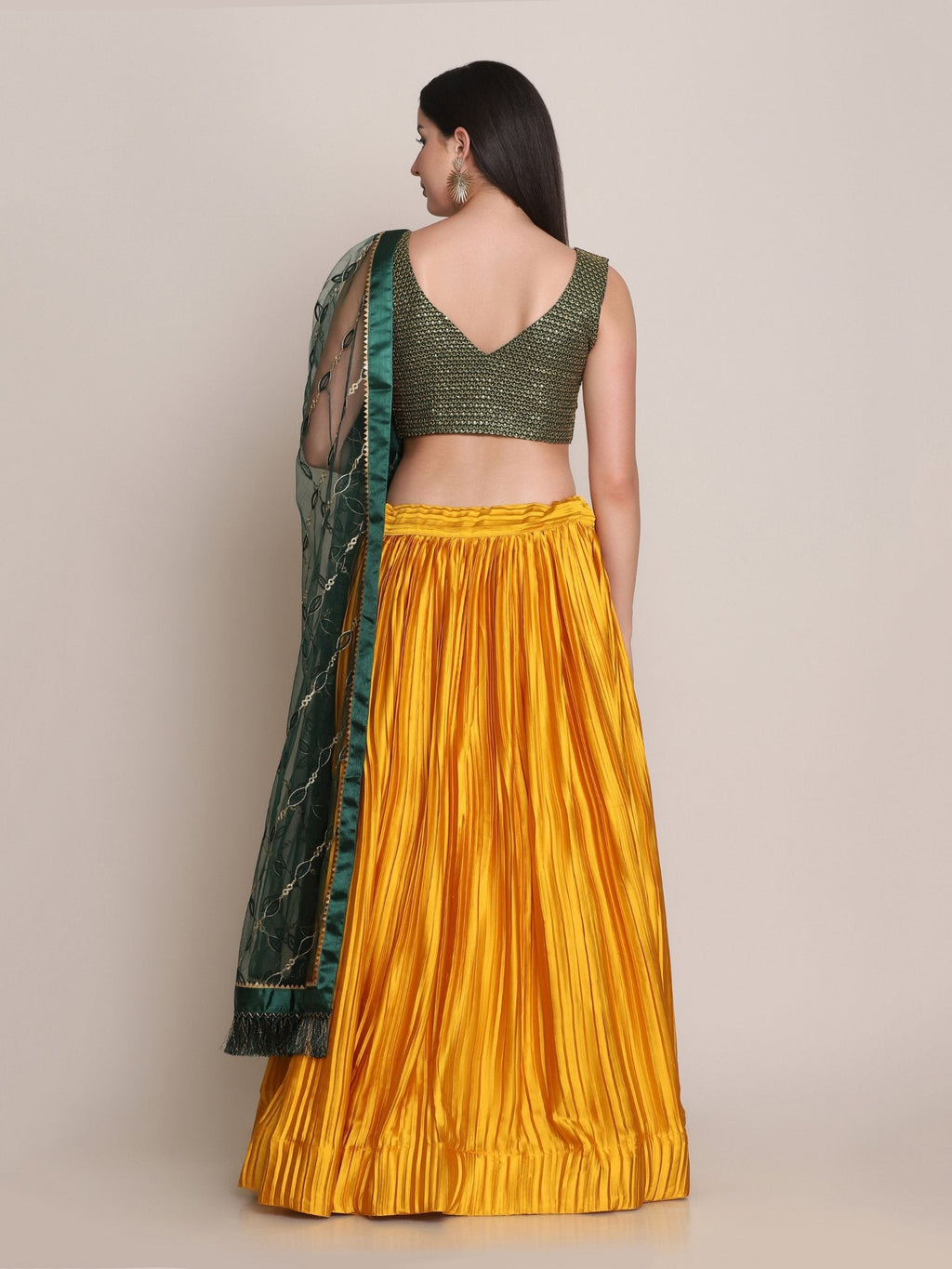 Women's Yellow Satin Silk Lehenga Choli with Platted Work