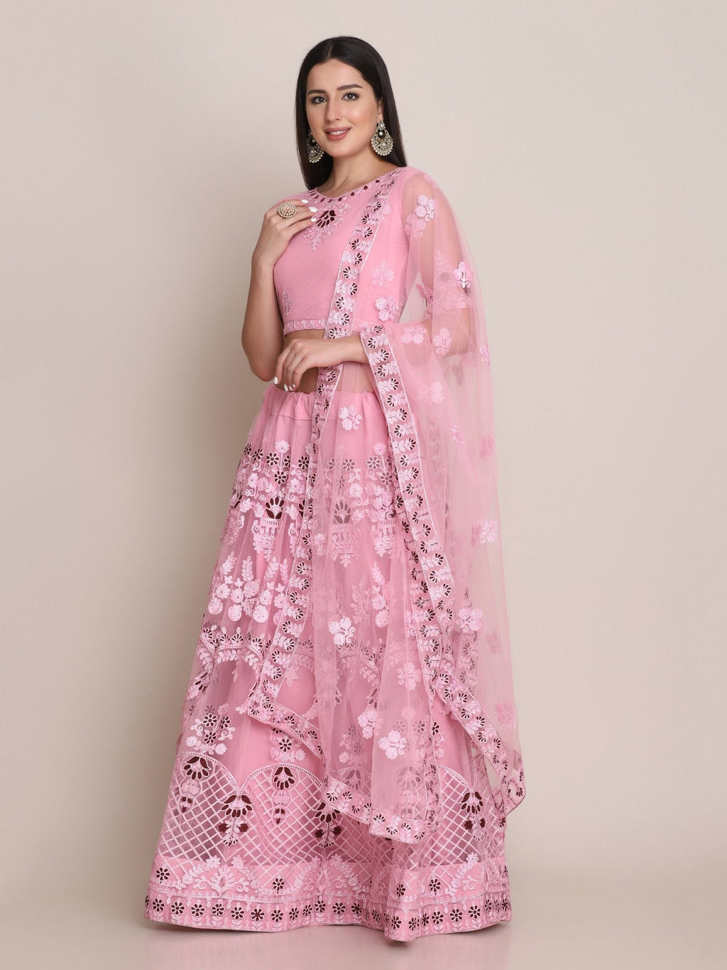 Light Pink Net Thread Embroidered Lehenga Choli with Dupatta