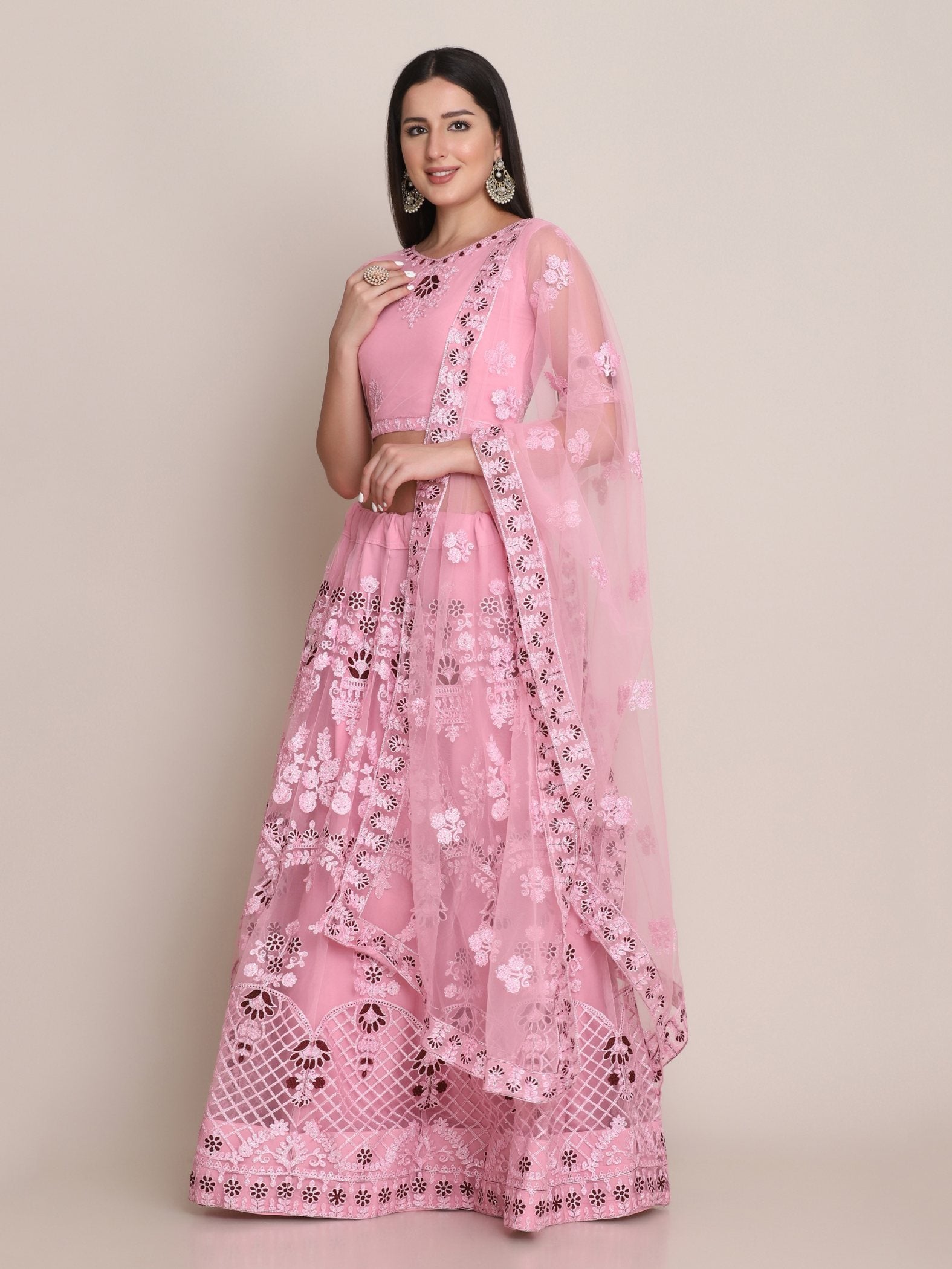 Light Pink Net Thread Embroidered Lehenga Choli with Dupatta