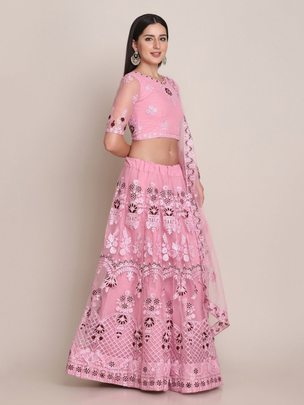 Light Pink Net Thread Embroidered Lehenga Choli with Dupatta