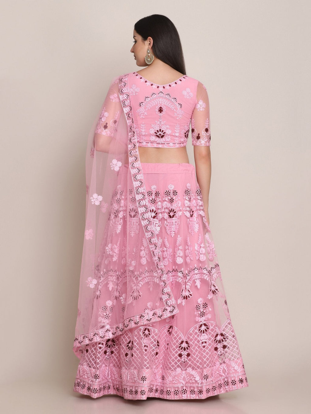 Light Pink Net Thread Embroidered Lehenga Choli with Dupatta