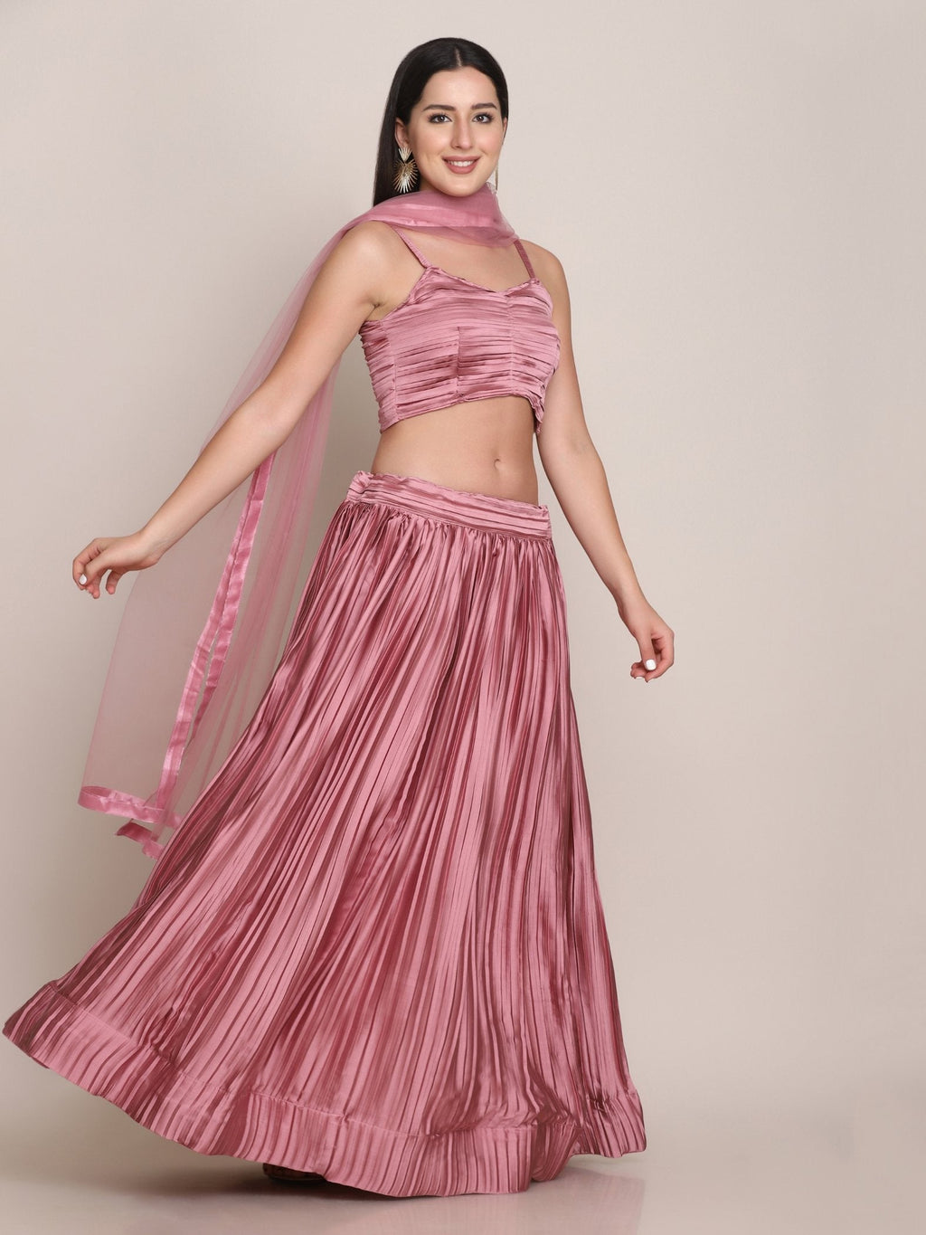 Dusty Pink Satin Silk Lehenga Choli with Platted Work