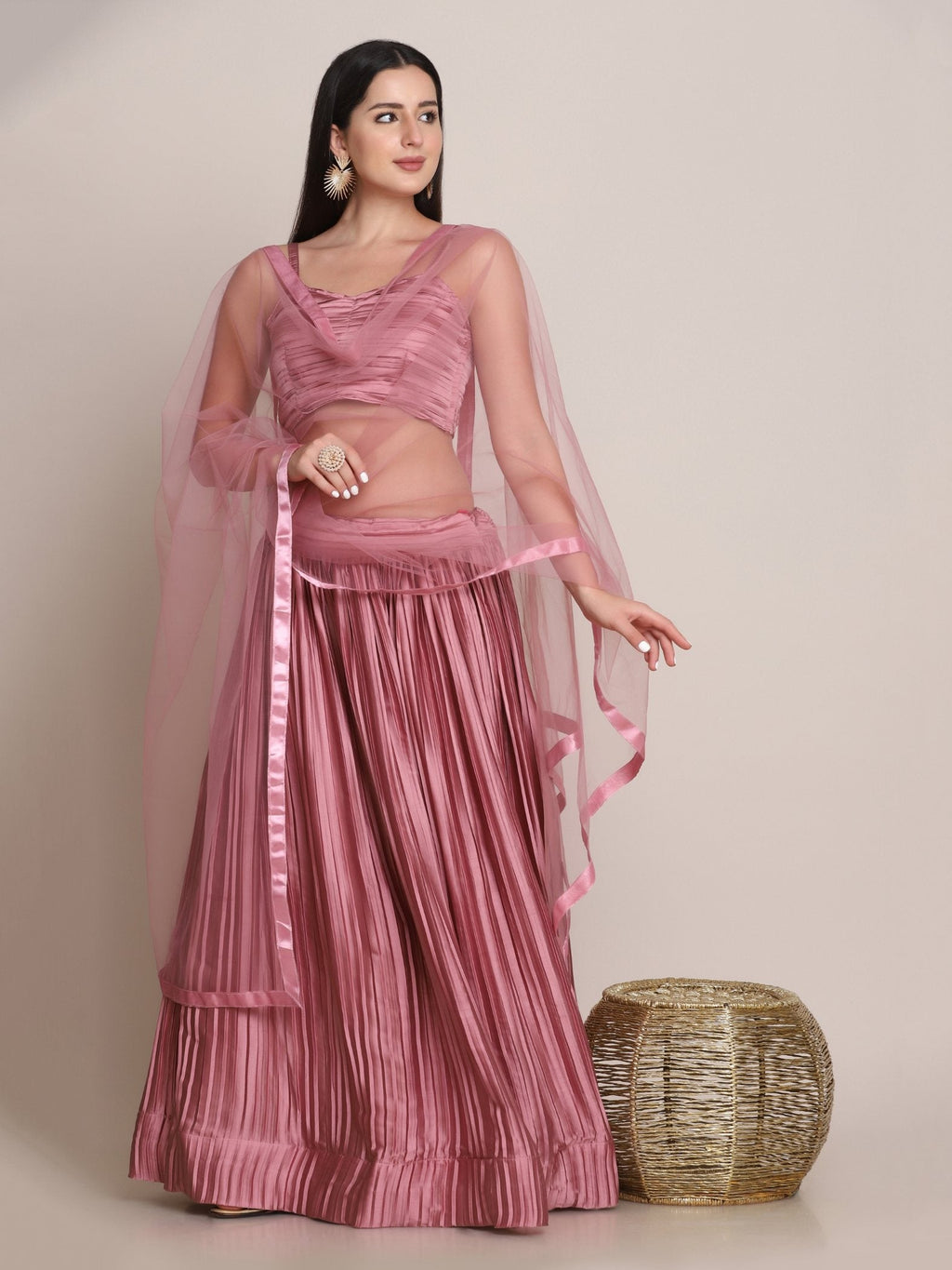 Dusty Pink Satin Silk Lehenga Choli with Platted Work