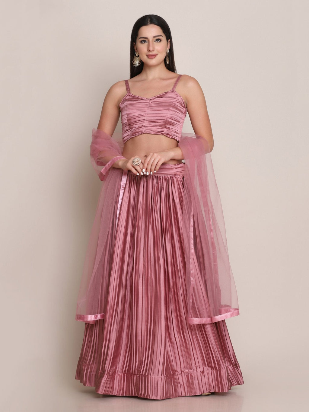 Dusty Pink Satin Silk Lehenga Choli with intricate platted work detailing.