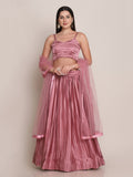 Dusty Pink Satin Silk Lehenga Choli with intricate platted work detailing.