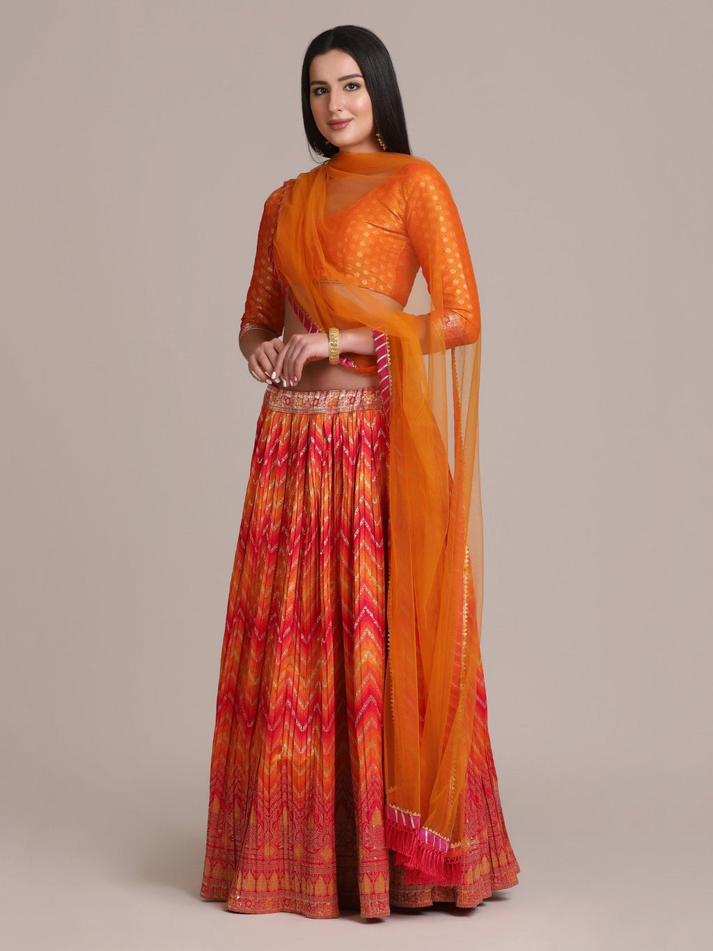 Orange Silk Blend Zari Woven Lehenga Choli Set