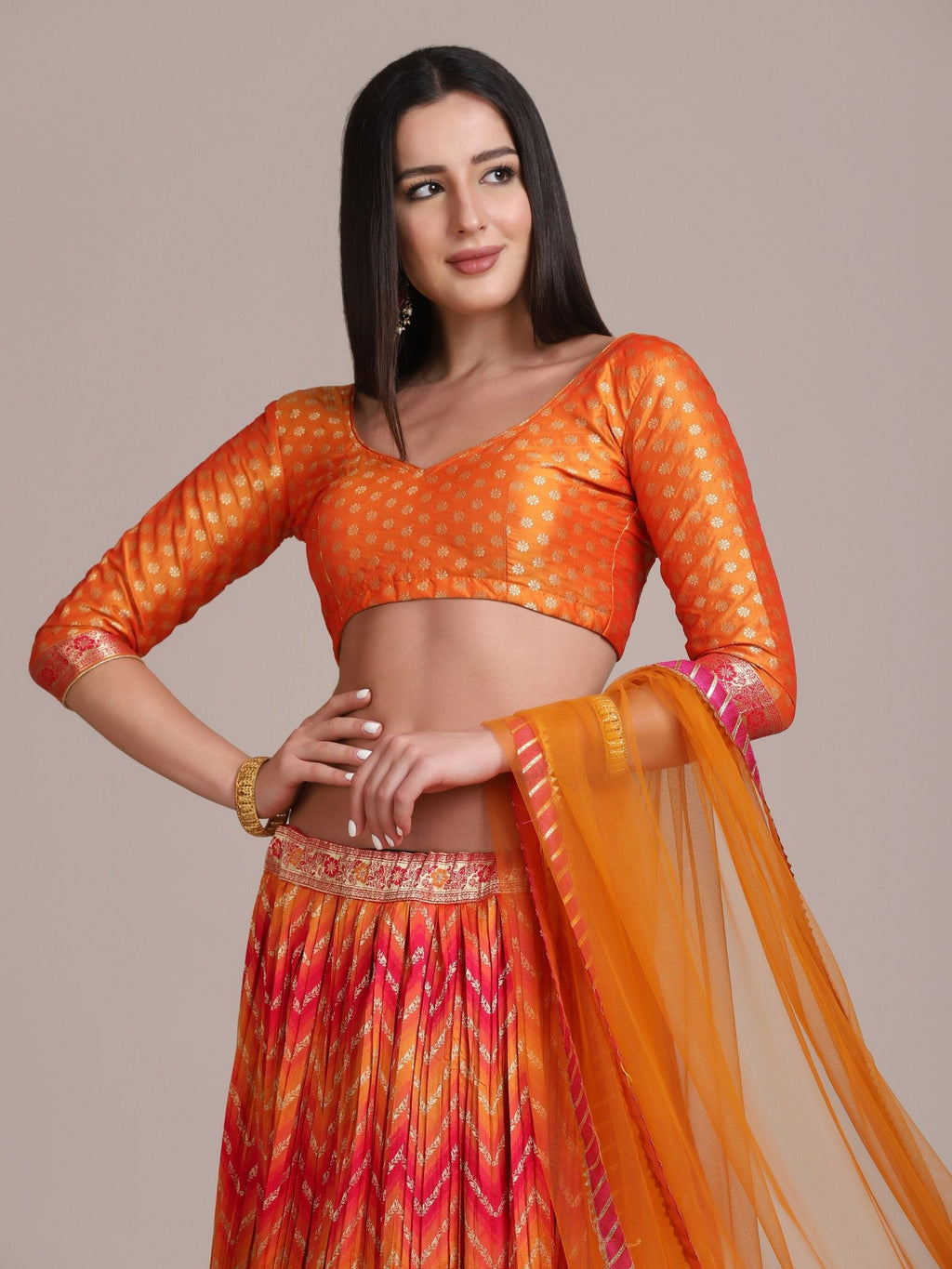 Orange Silk Blend Zari Woven Lehenga Choli Set