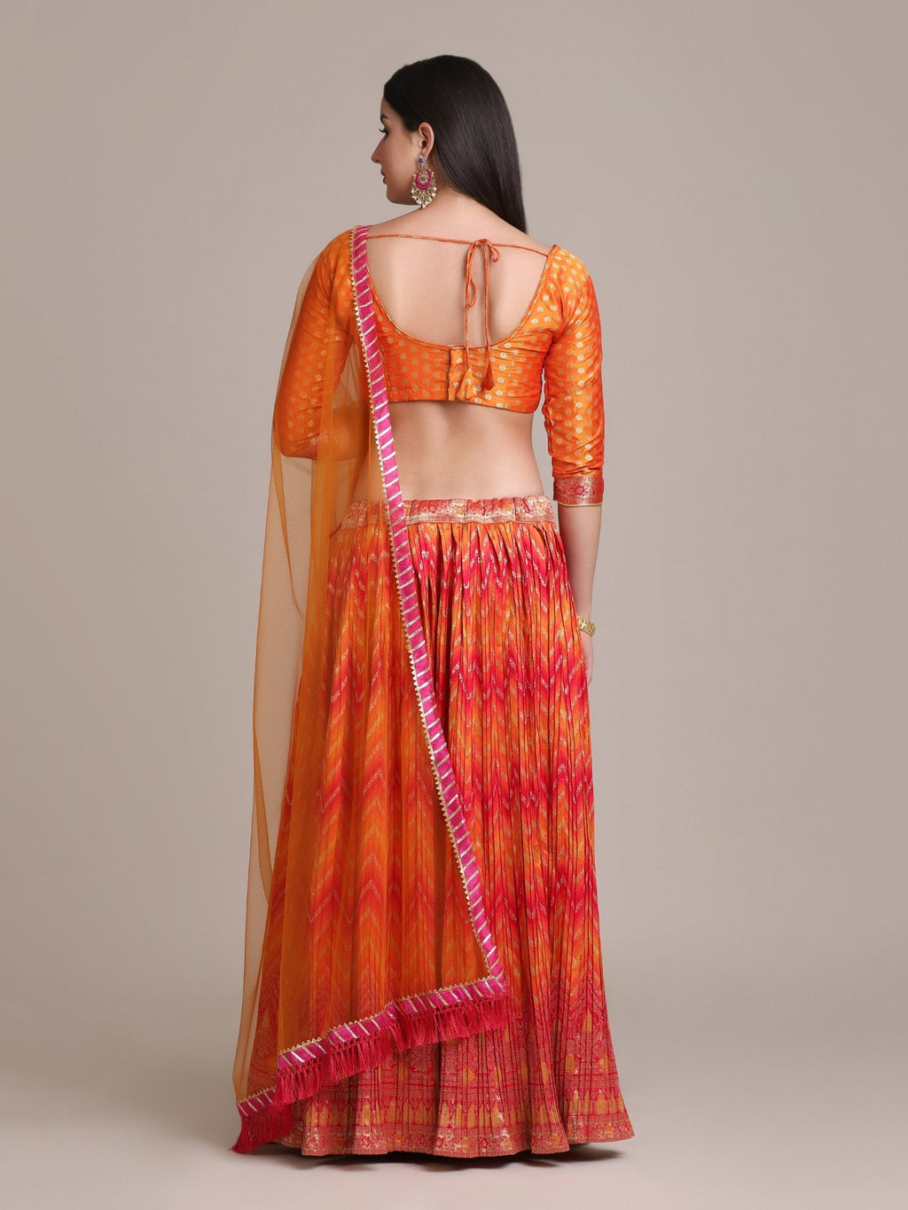 Orange Silk Blend Zari Woven Lehenga Choli Set