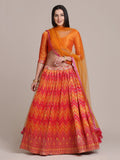 Orange silk blend lehenga choli with traditional zari woven patterns