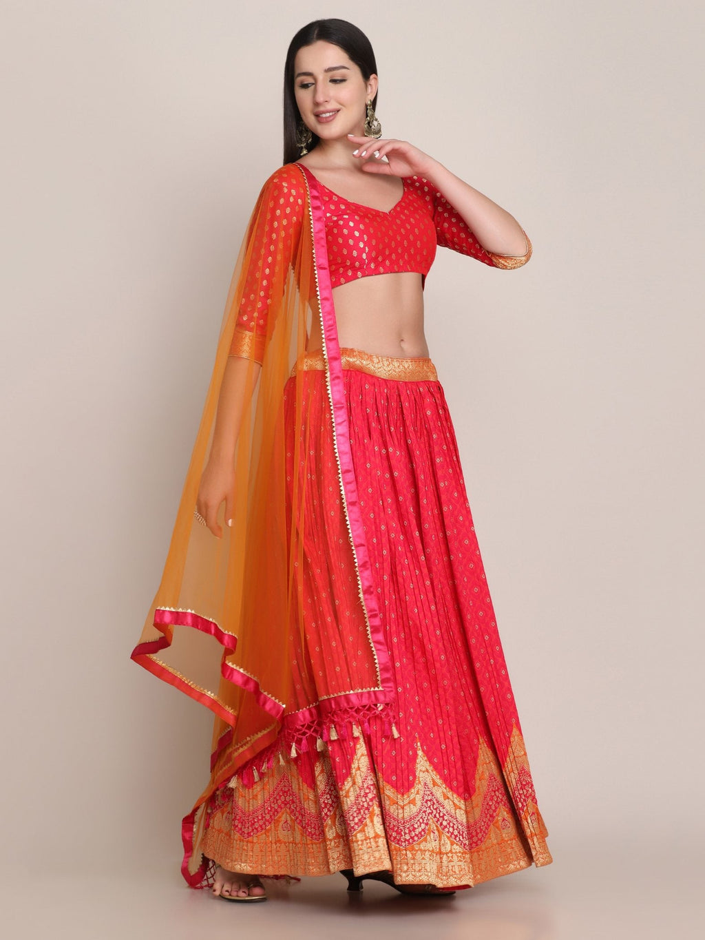 Pink Silk Blend Zari Woven Lehenga Choli with Dupatta
