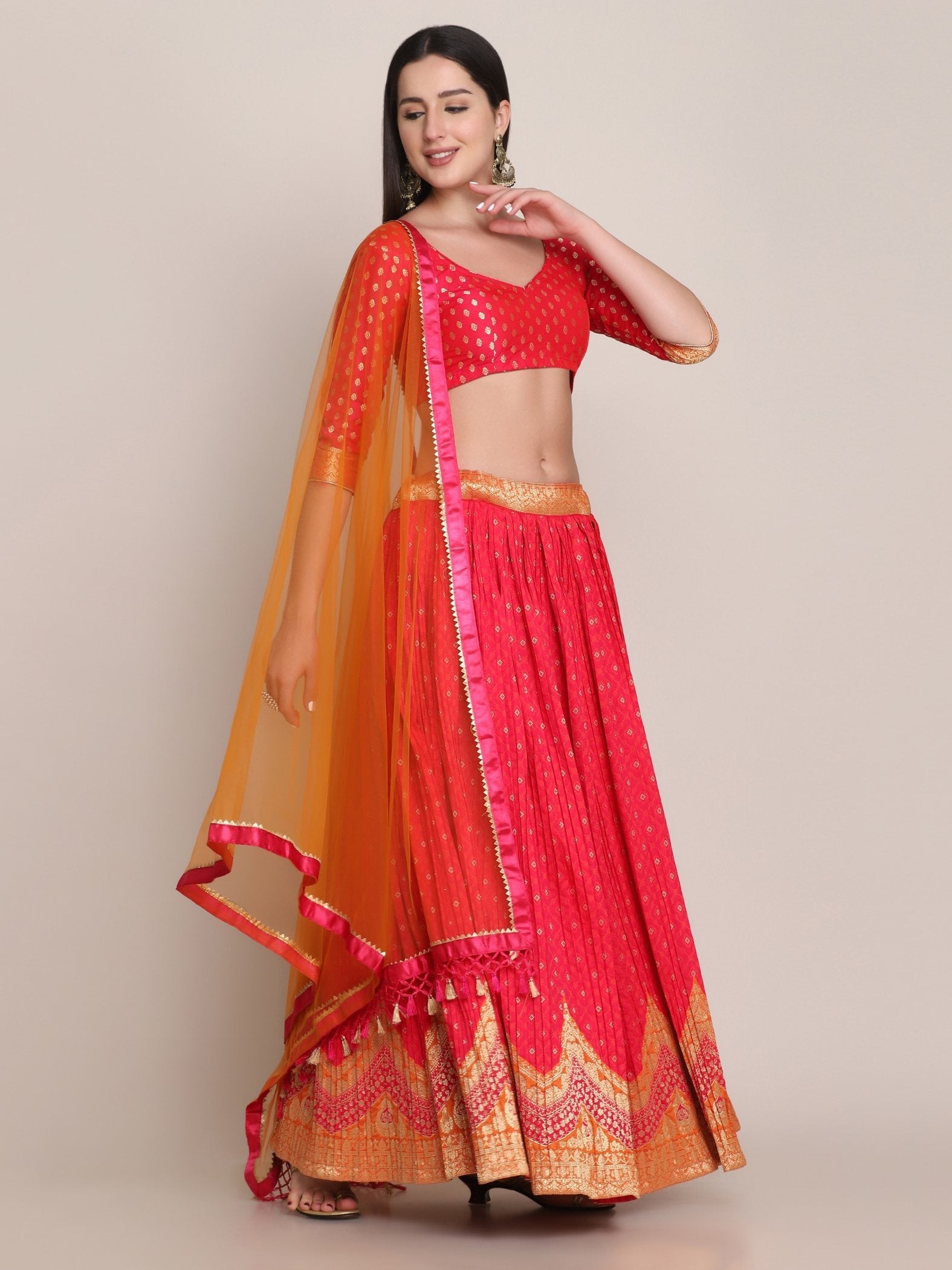 Pink Silk Blend Zari Woven Lehenga Choli with Dupatta