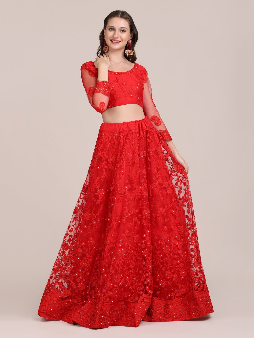 Red Net Thread Embroidered Lehenga Choli with Dupatta