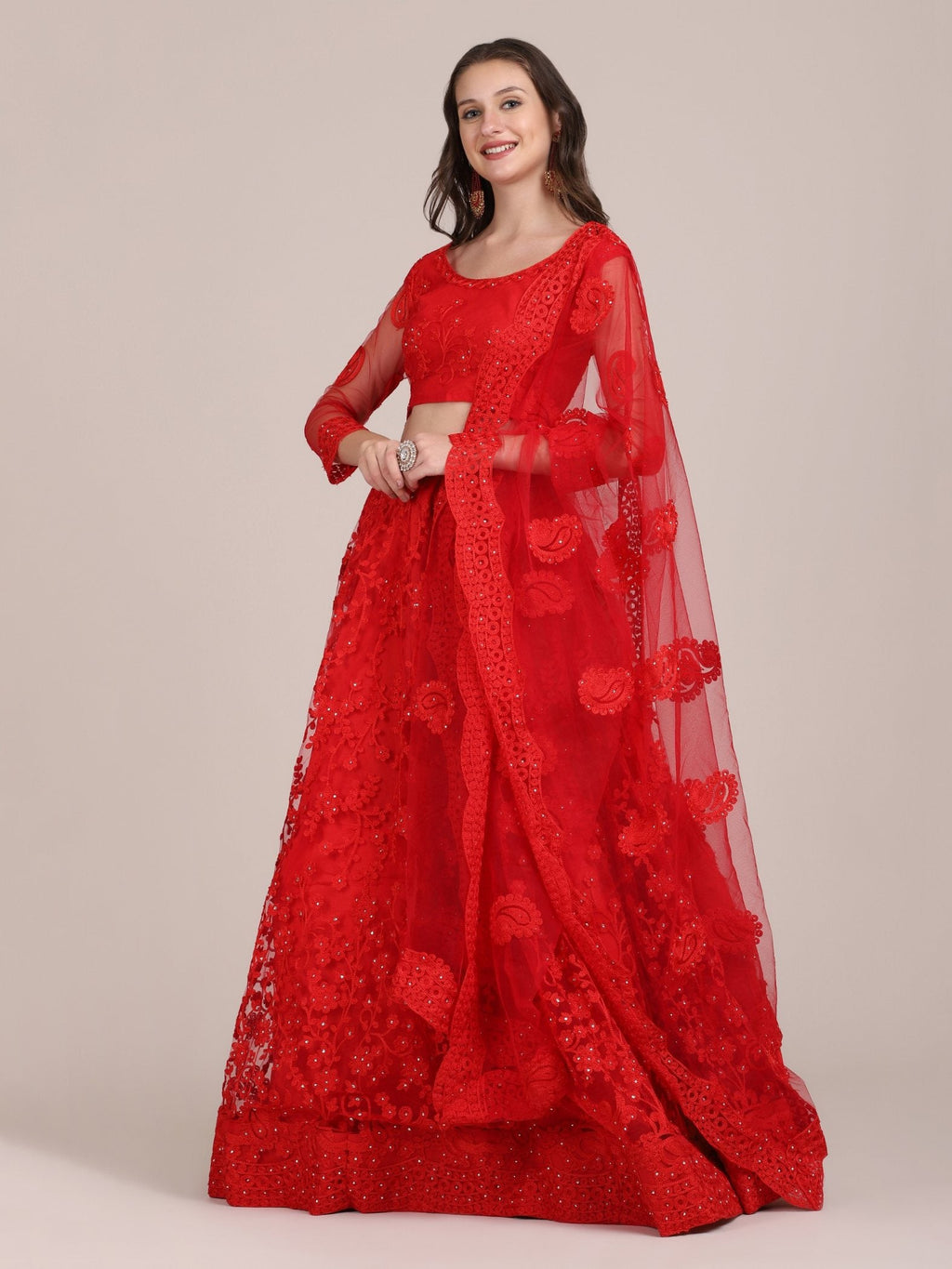Red Net Thread Embroidered Lehenga Choli with Dupatta