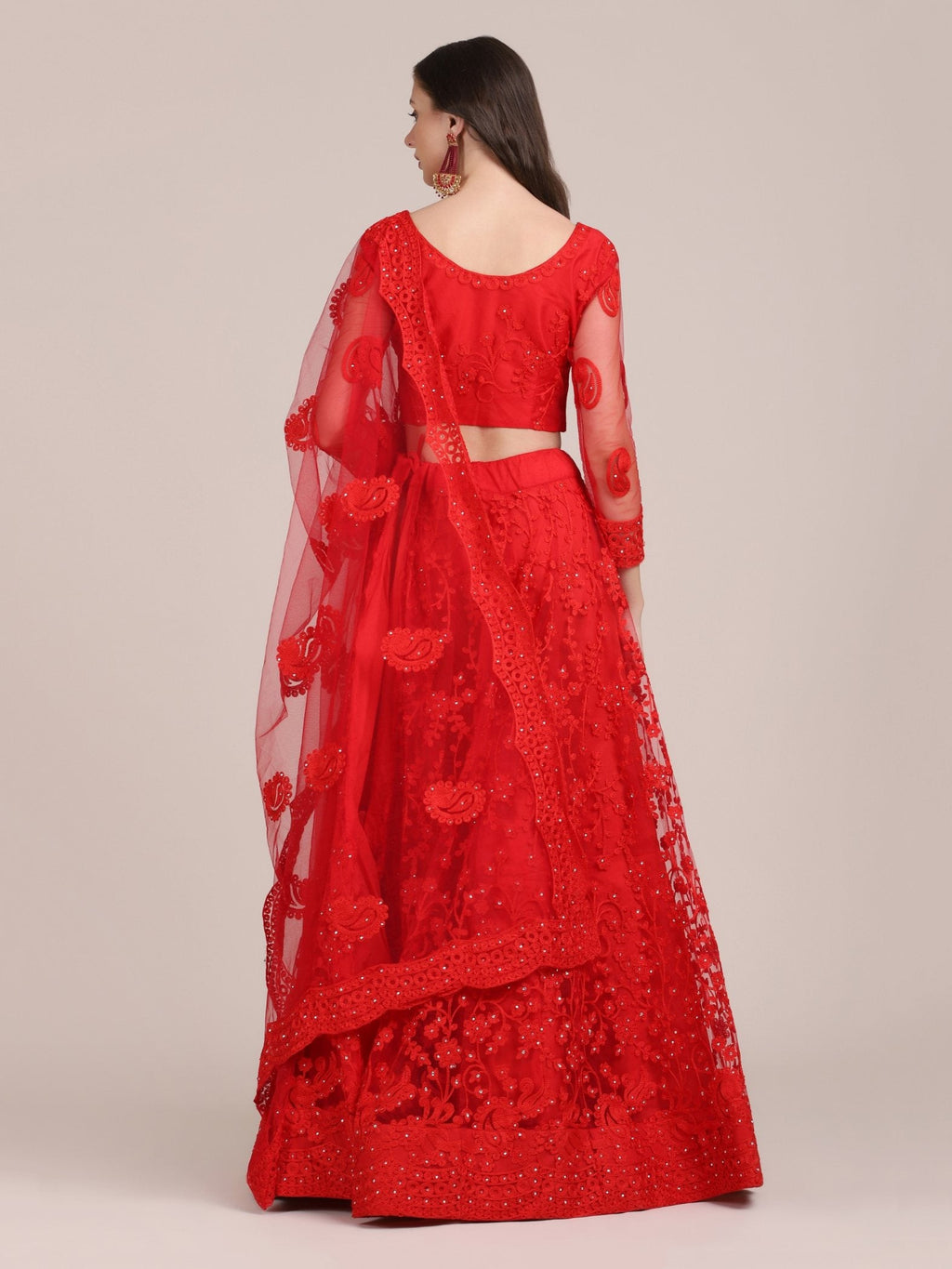 Red Net Thread Embroidered Lehenga Choli with Dupatta