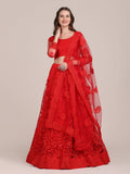 Woman wearing a red net lehenga choli with intricate thread embroidery and dupatta