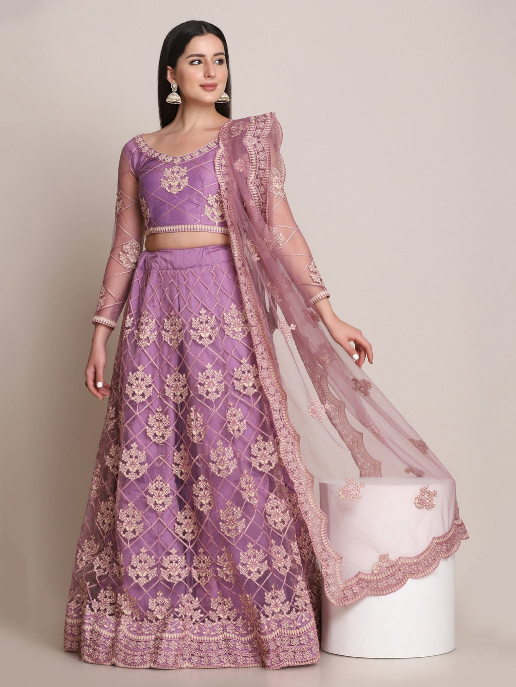 Purple Net Thread Embroidered Lehenga Choli Set