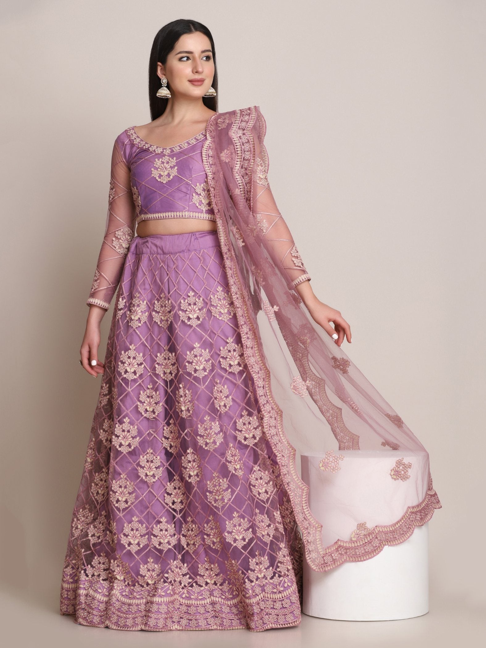 Purple Net Thread Embroidered Lehenga Choli Set