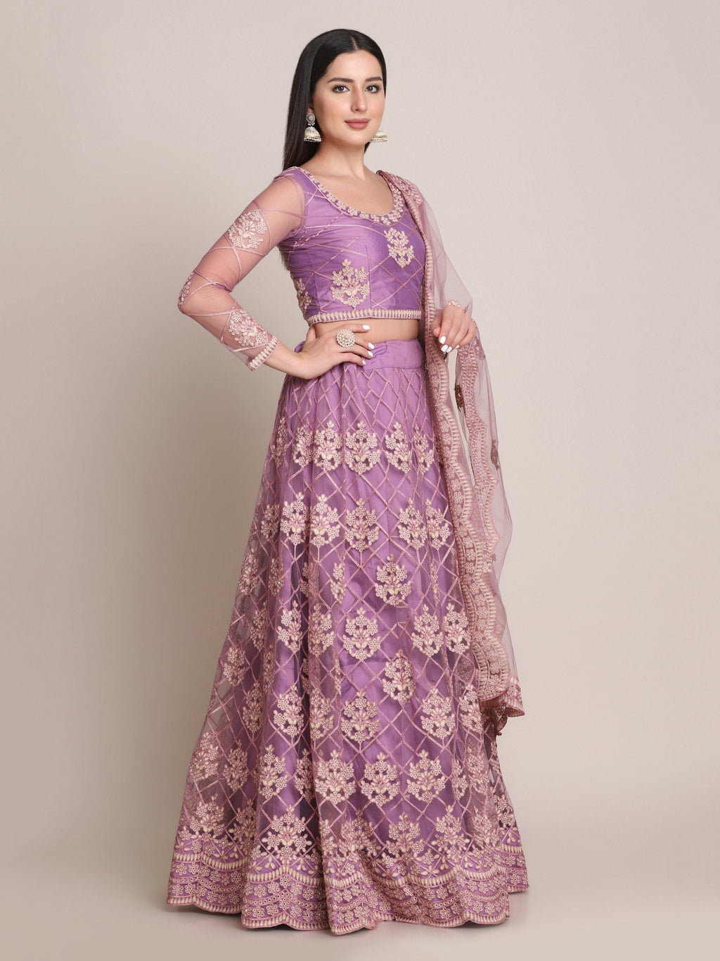 Purple Net Thread Embroidered Lehenga Choli Set