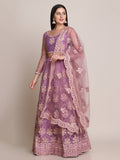 Purple Net Lehenga Choli with intricate thread work and elegant drape.
