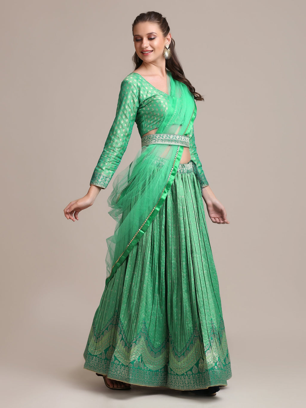 Sea Green Jacquard Silk Gold Woven Lehenga Choli