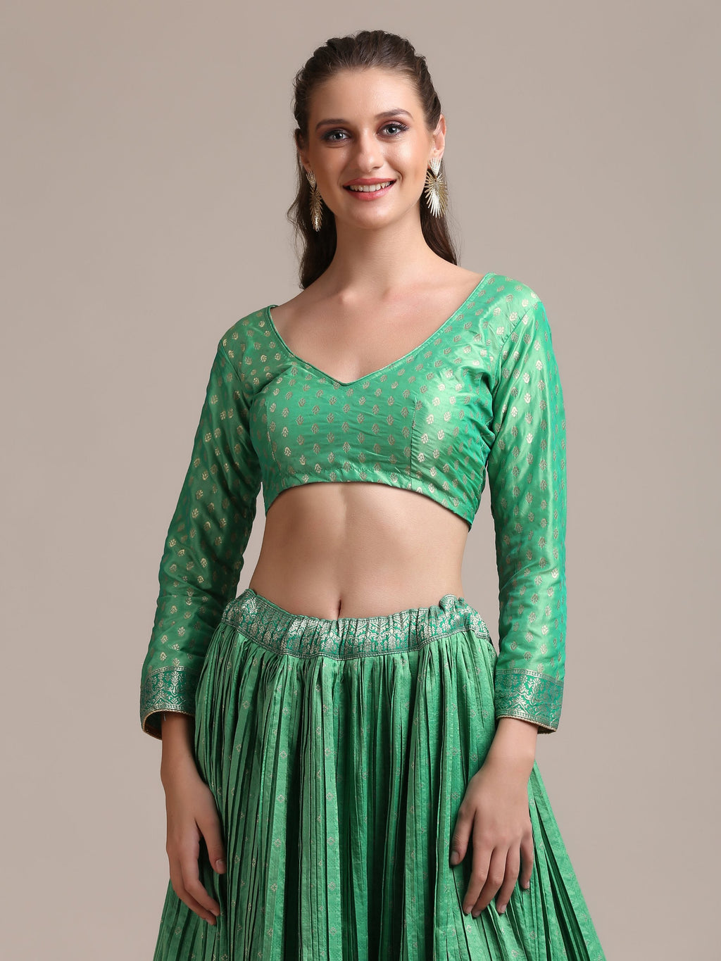 Sea Green Jacquard Silk Gold Woven Lehenga Choli