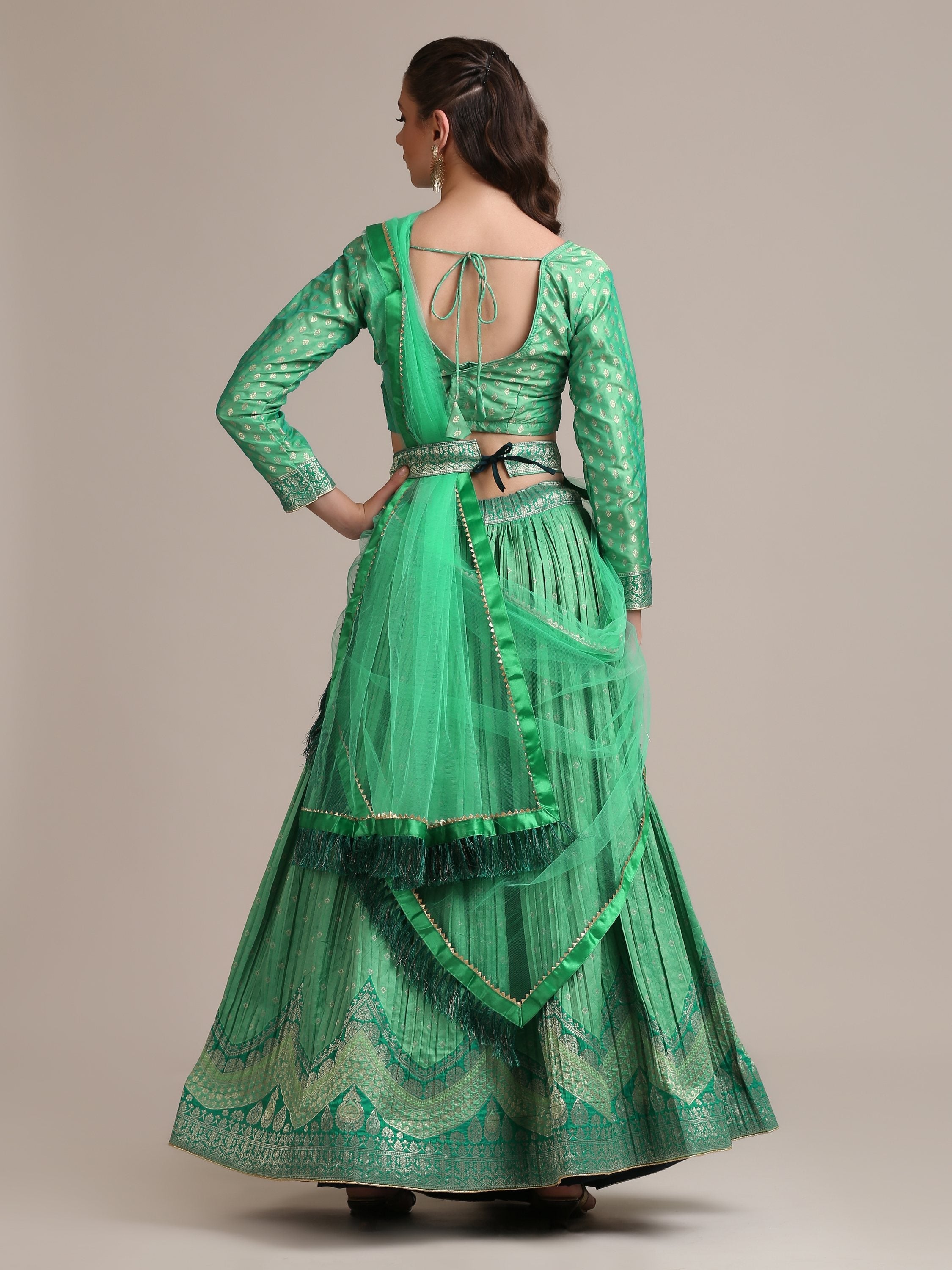 Sea Green Jacquard Silk Gold Woven Lehenga Choli