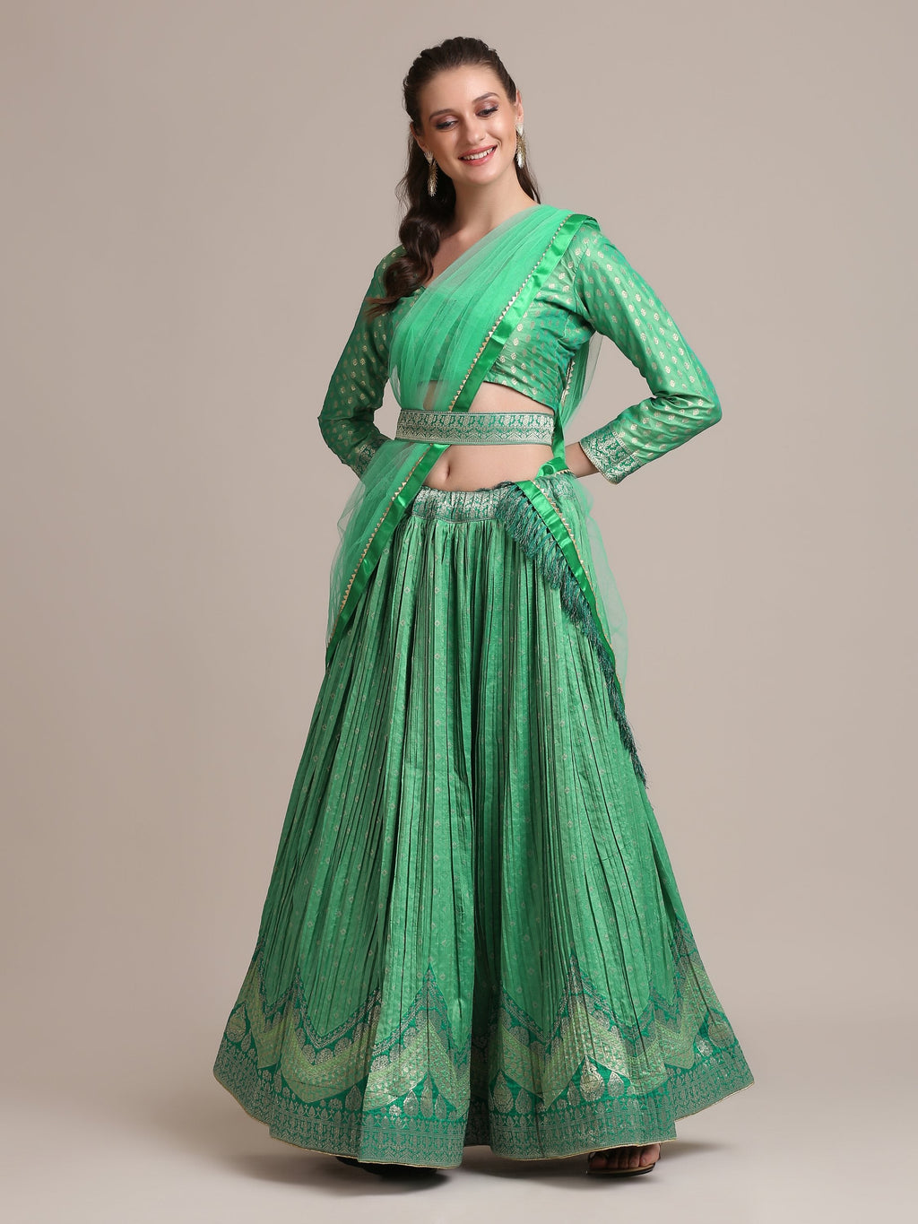 Sea Green Jacquard Silk lehenga with gold woven and platted work