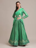 Sea Green Jacquard Silk lehenga with gold woven and platted work