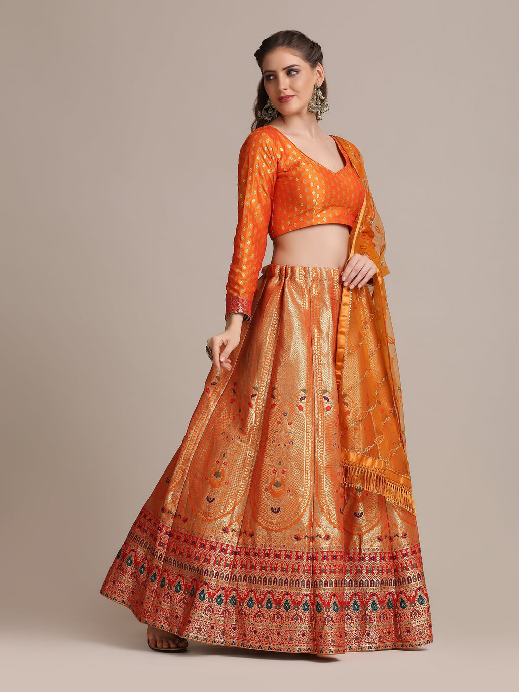 Orange Jacquard Silk Lehenga Choli with Gold Woven Work
