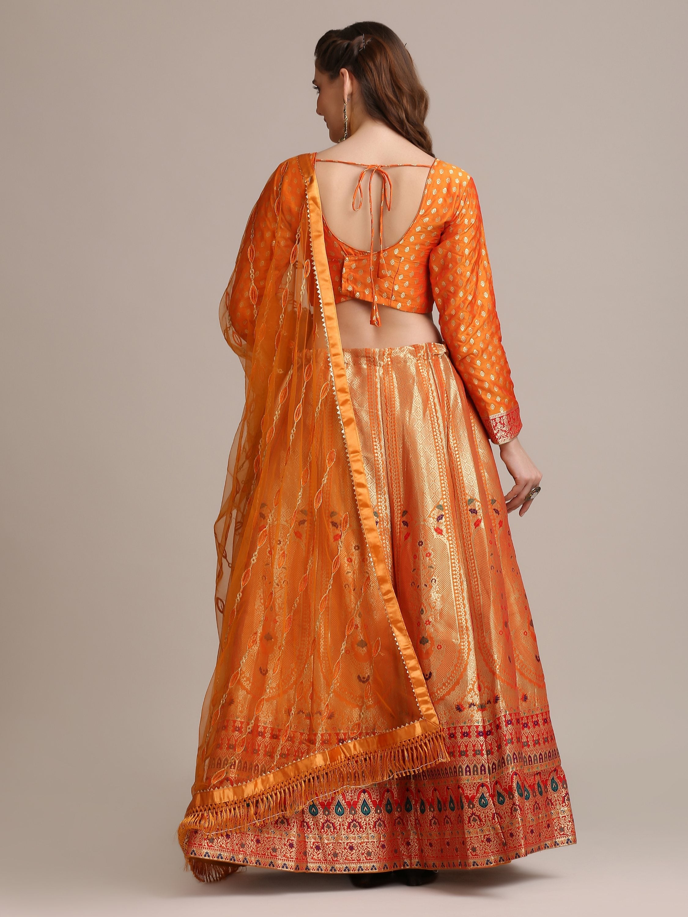Orange Jacquard Silk Lehenga Choli with Gold Woven Work