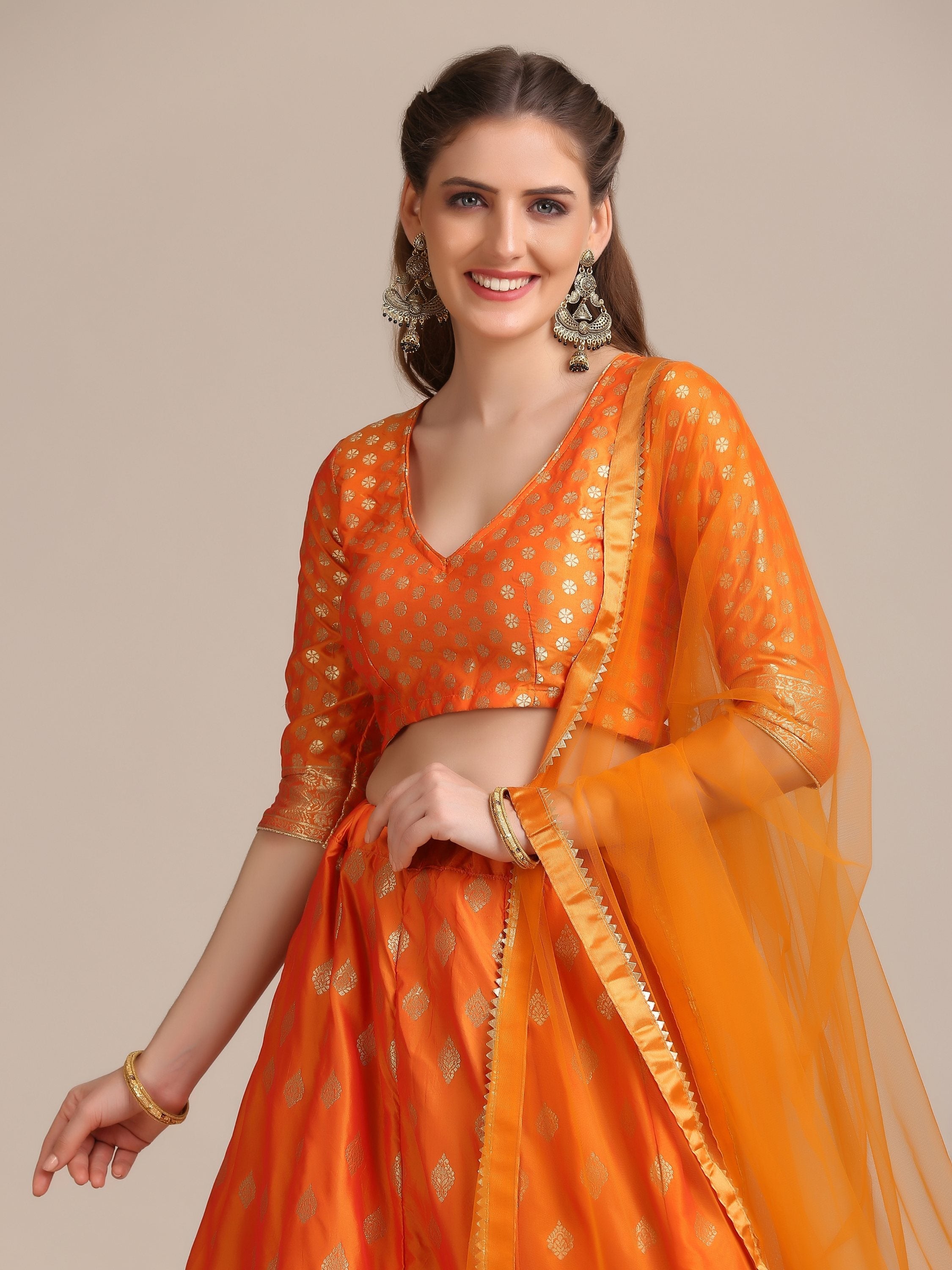 Orange Jacquard Silk Gold Woven Work Lehenga Choli