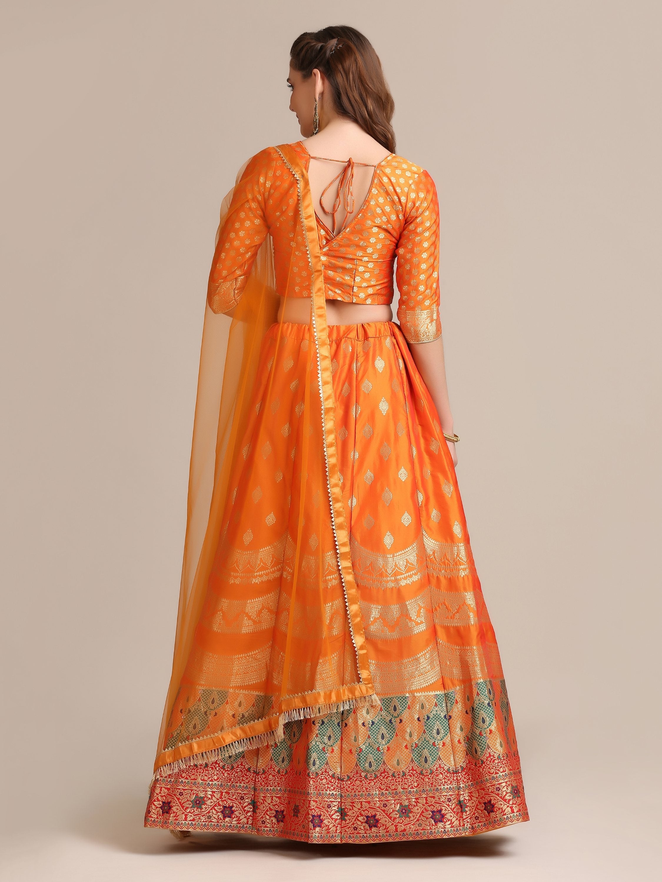 Orange Jacquard Silk Gold Woven Work Lehenga Choli