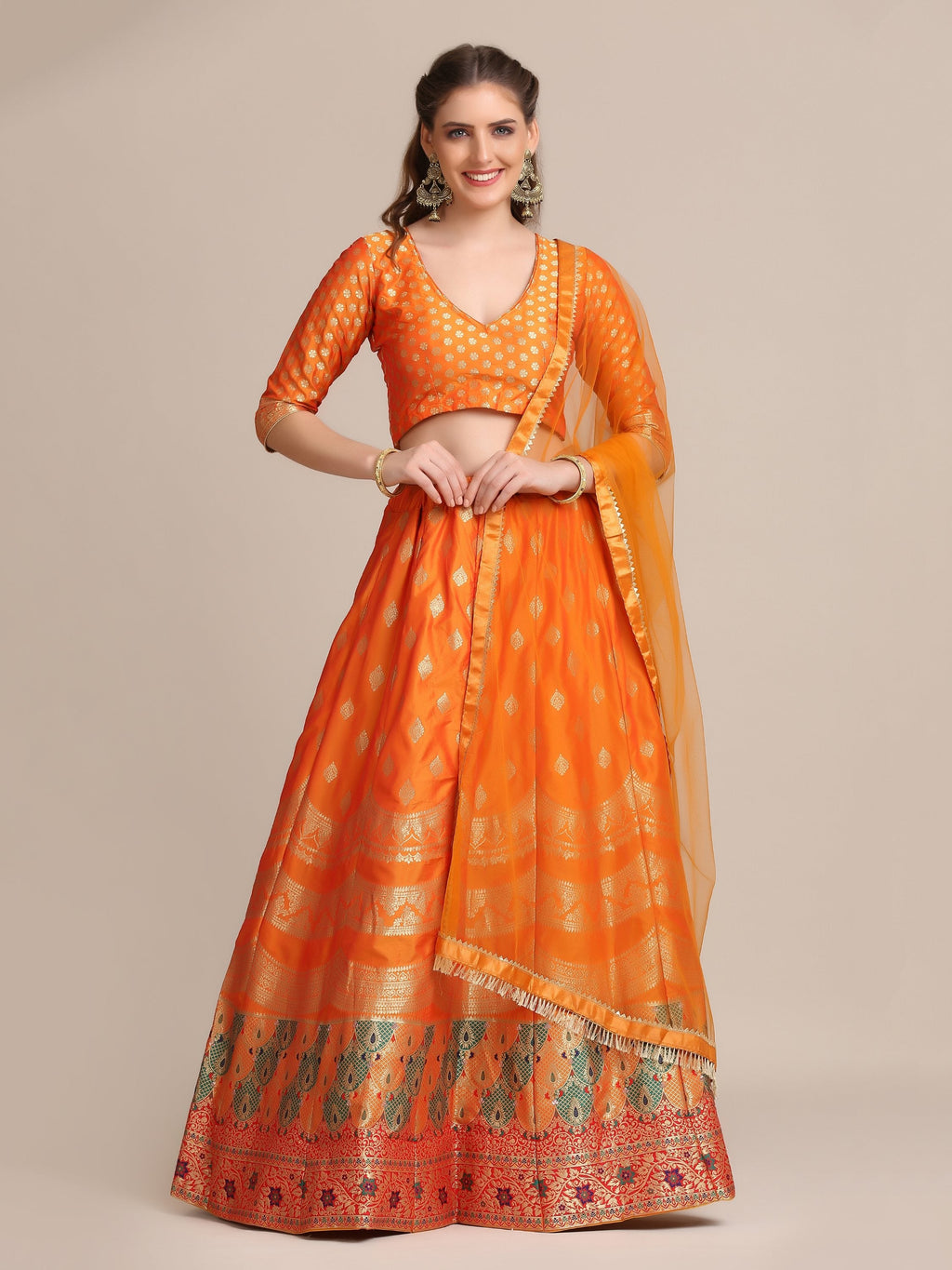 Orange Jacquard Silk Lehenga Choli with gold woven patterns