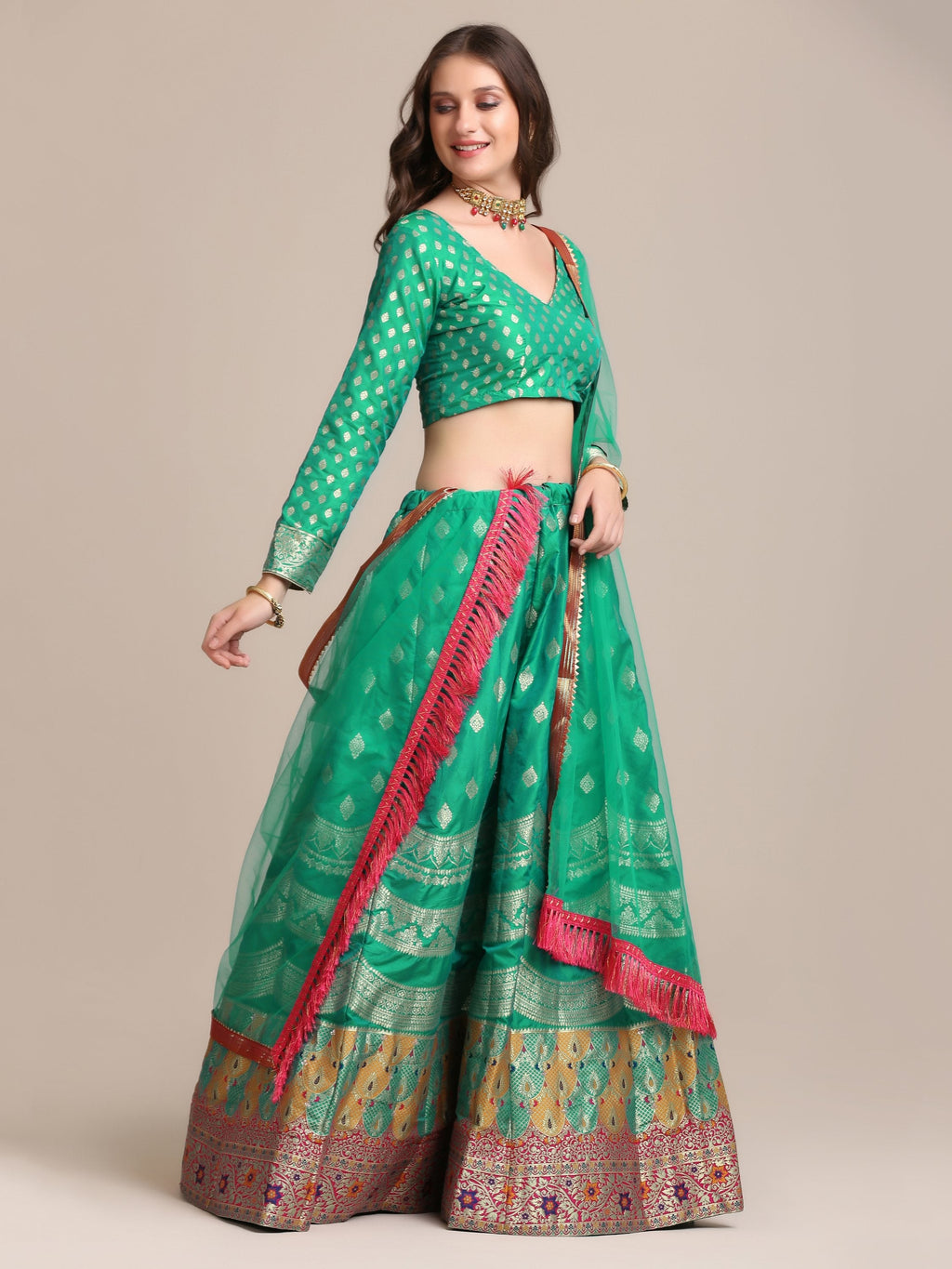 Rama Jacquard Silk Lehenga Choli with Gold Woven Work