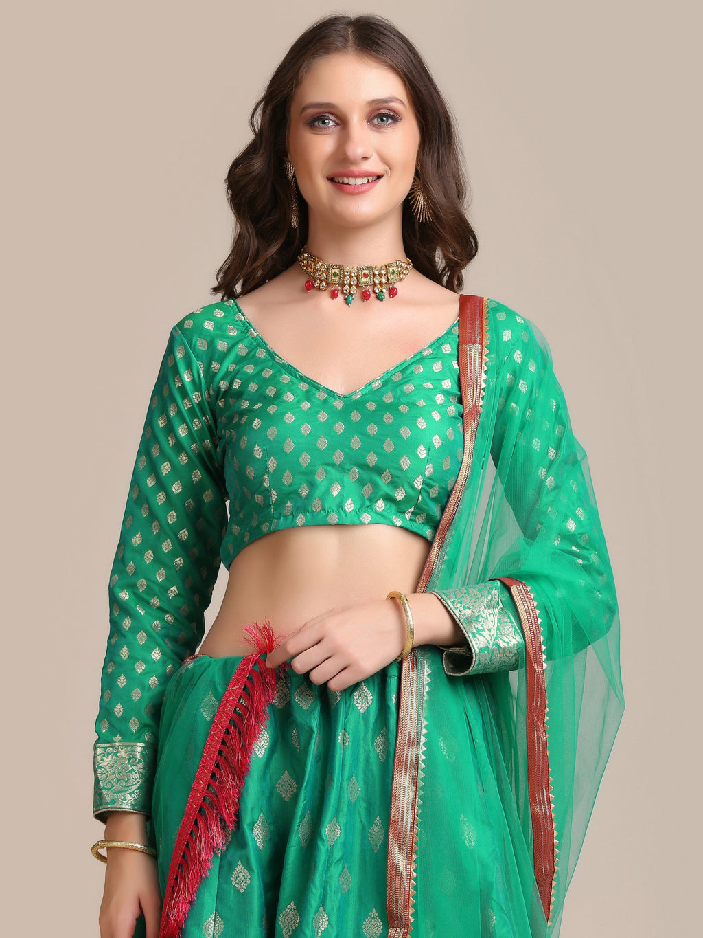 Rama Jacquard Silk Lehenga Choli with Gold Woven Work