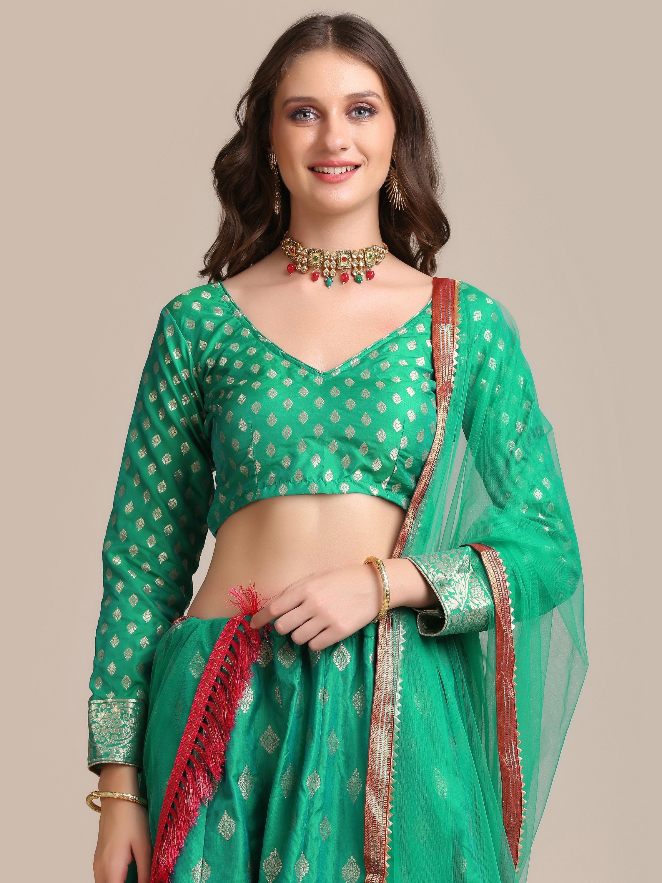 Rama Jacquard Silk Lehenga Choli with Gold Woven Work