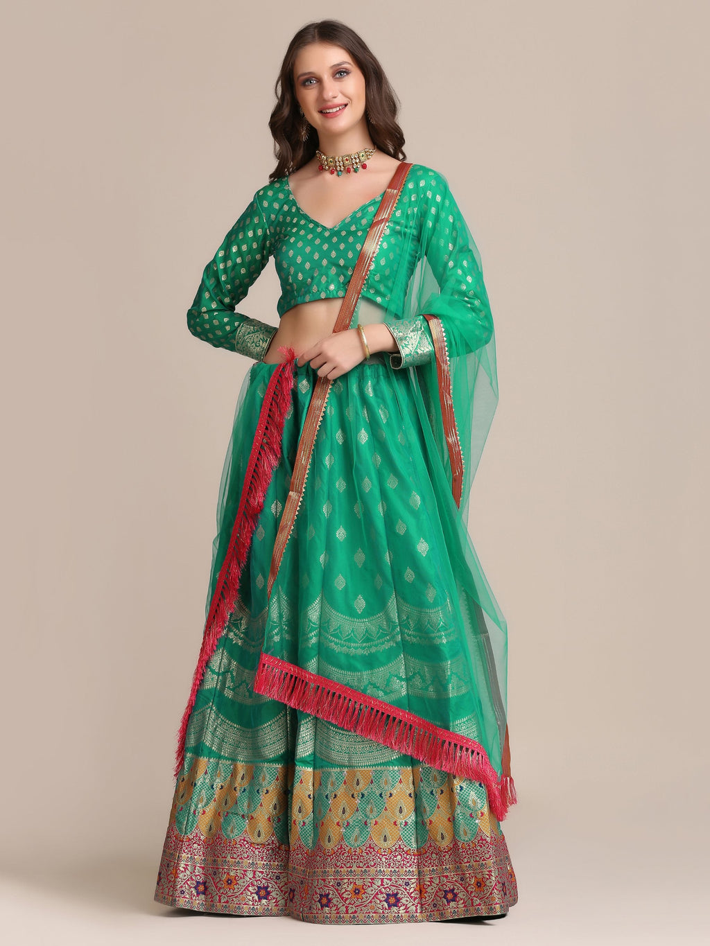 Rama Jacquard Silk lehenga choli with gold woven embroidery and dupatta
