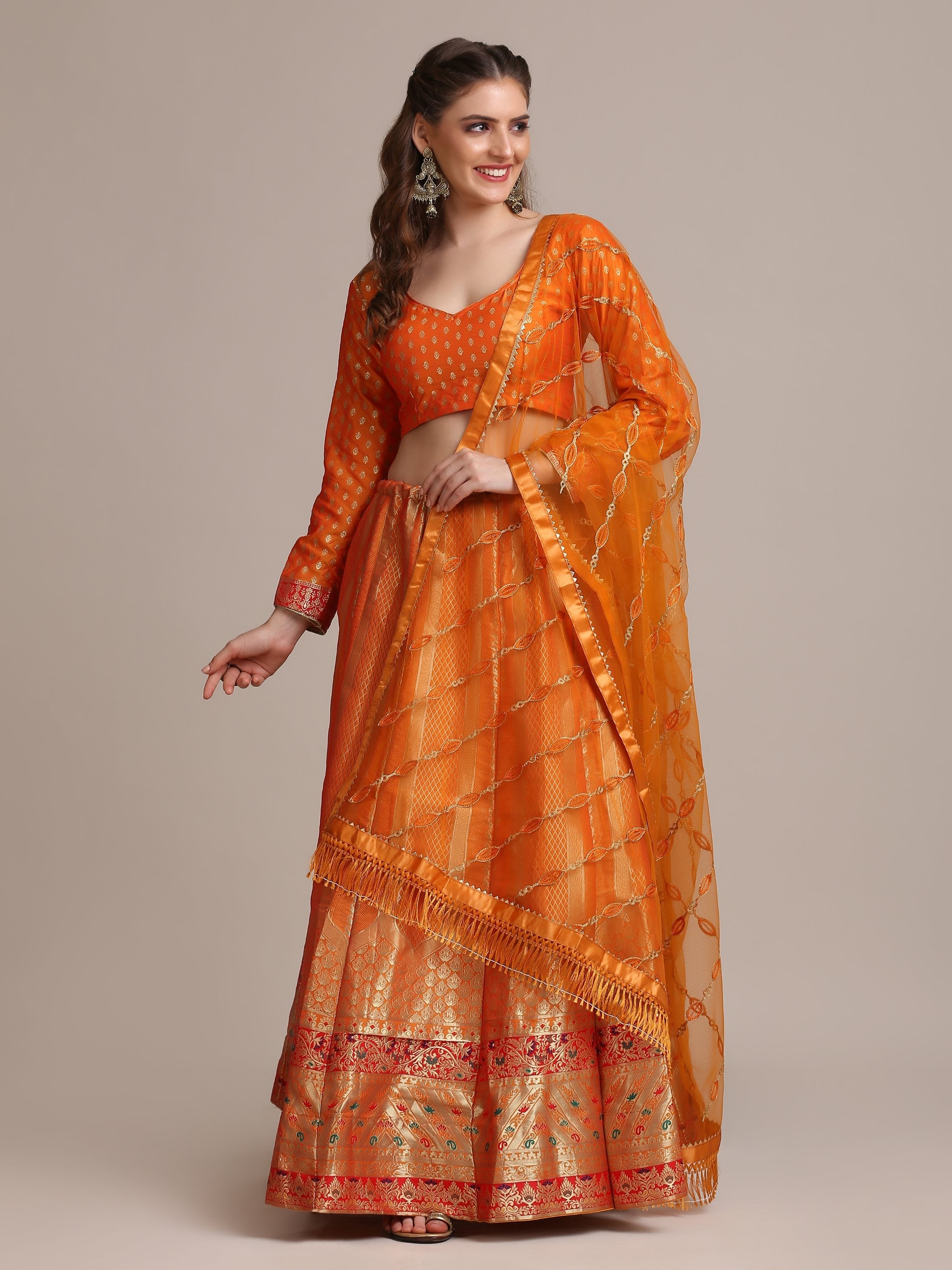 Orange Jacquard Silk Lehenga Choli with Gold Woven Details