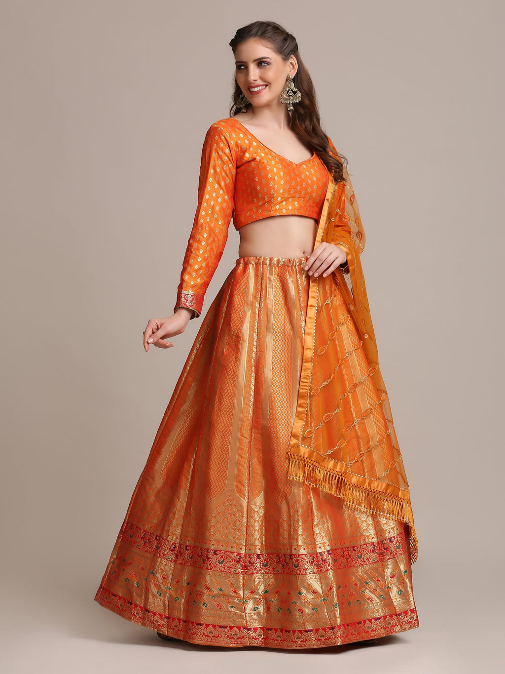 Orange Jacquard Silk Lehenga Choli with Gold Woven Details