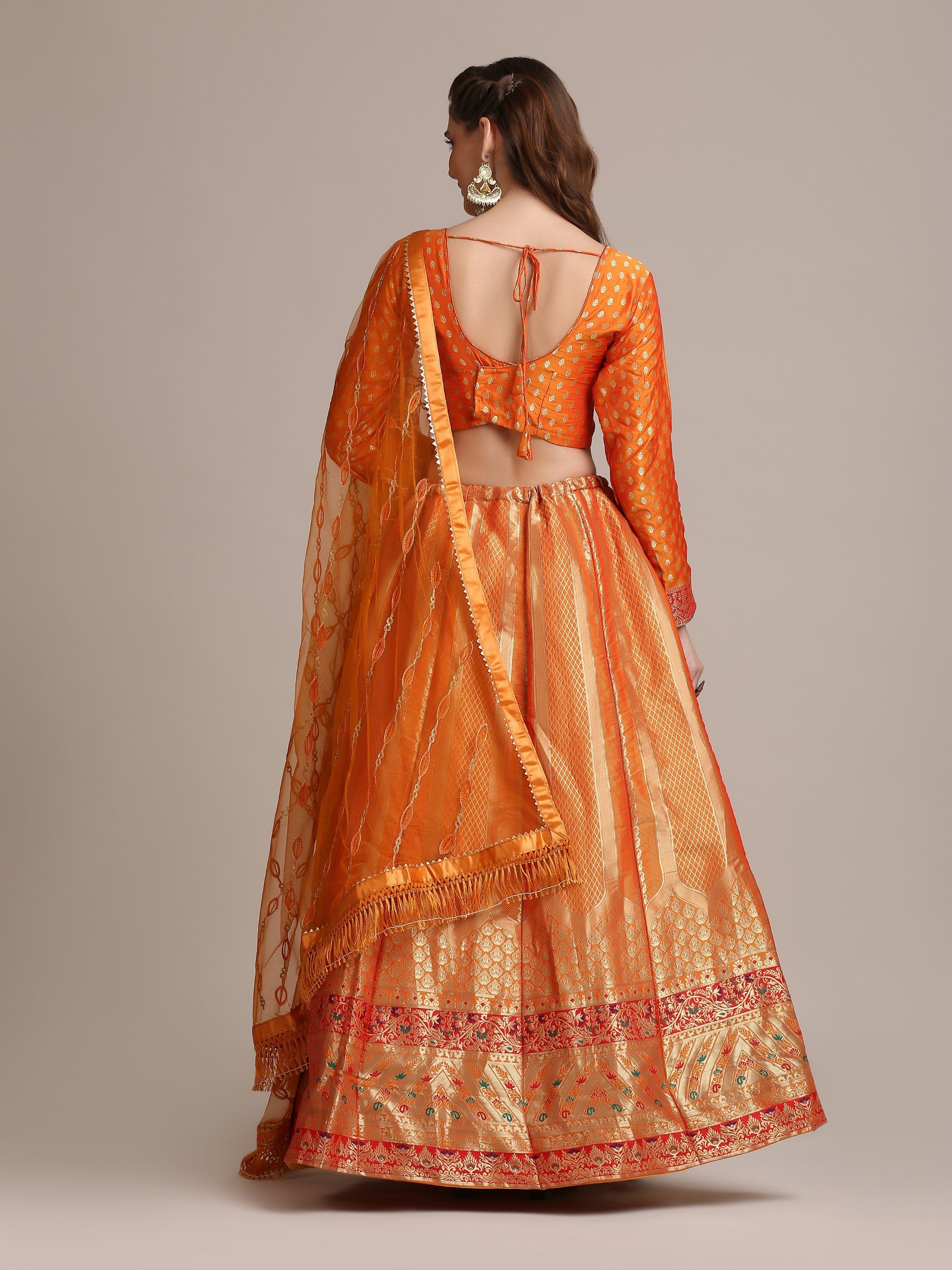 Orange Jacquard Silk Lehenga Choli with Gold Woven Details